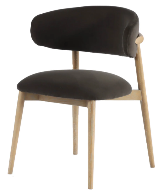 side view of dining chair with wood frame but vinyl seat and back cushion. cushion black color and wood frame is a natural finish