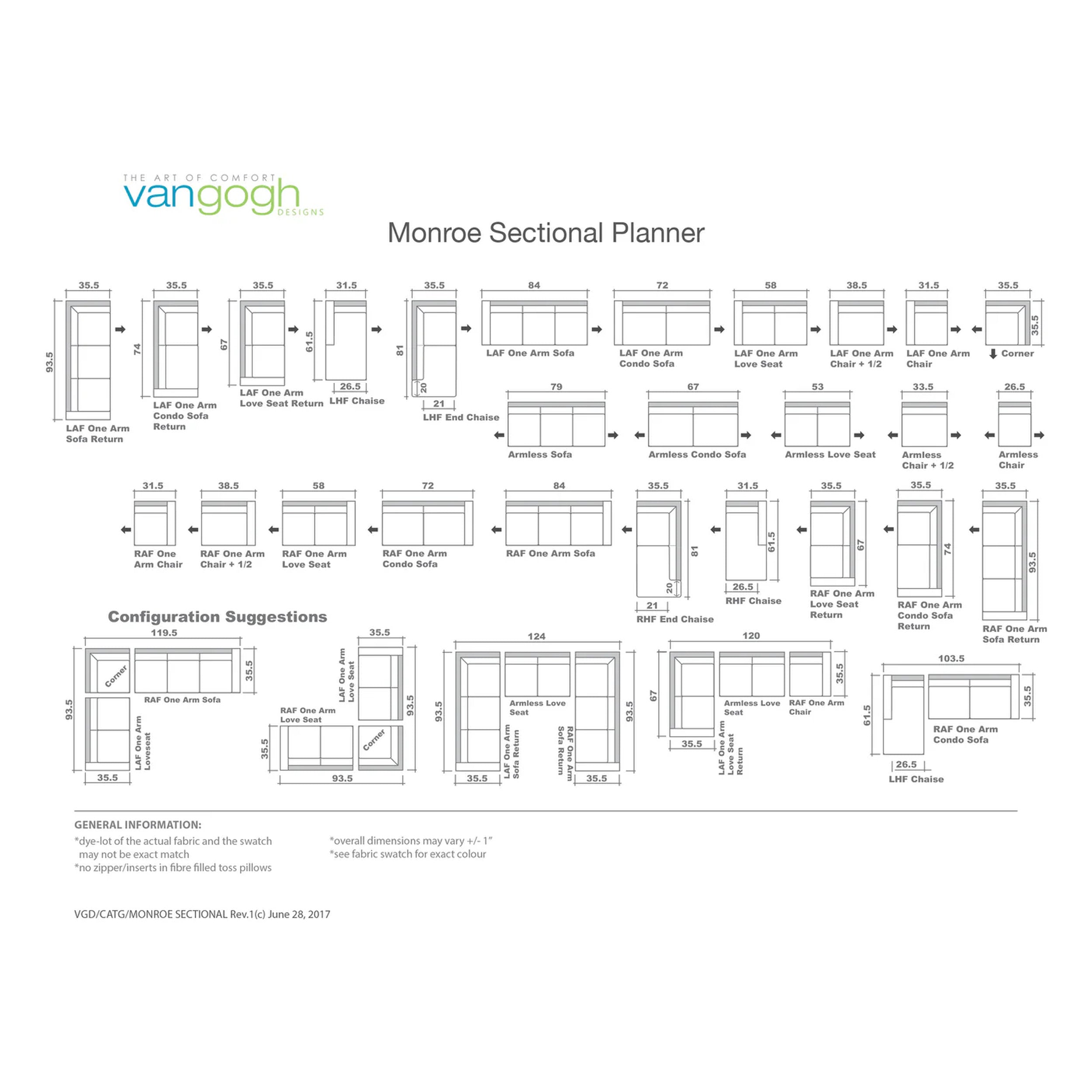 Monroe Sectional Planner by Vangogh with layout diagrams and configuration suggestions.