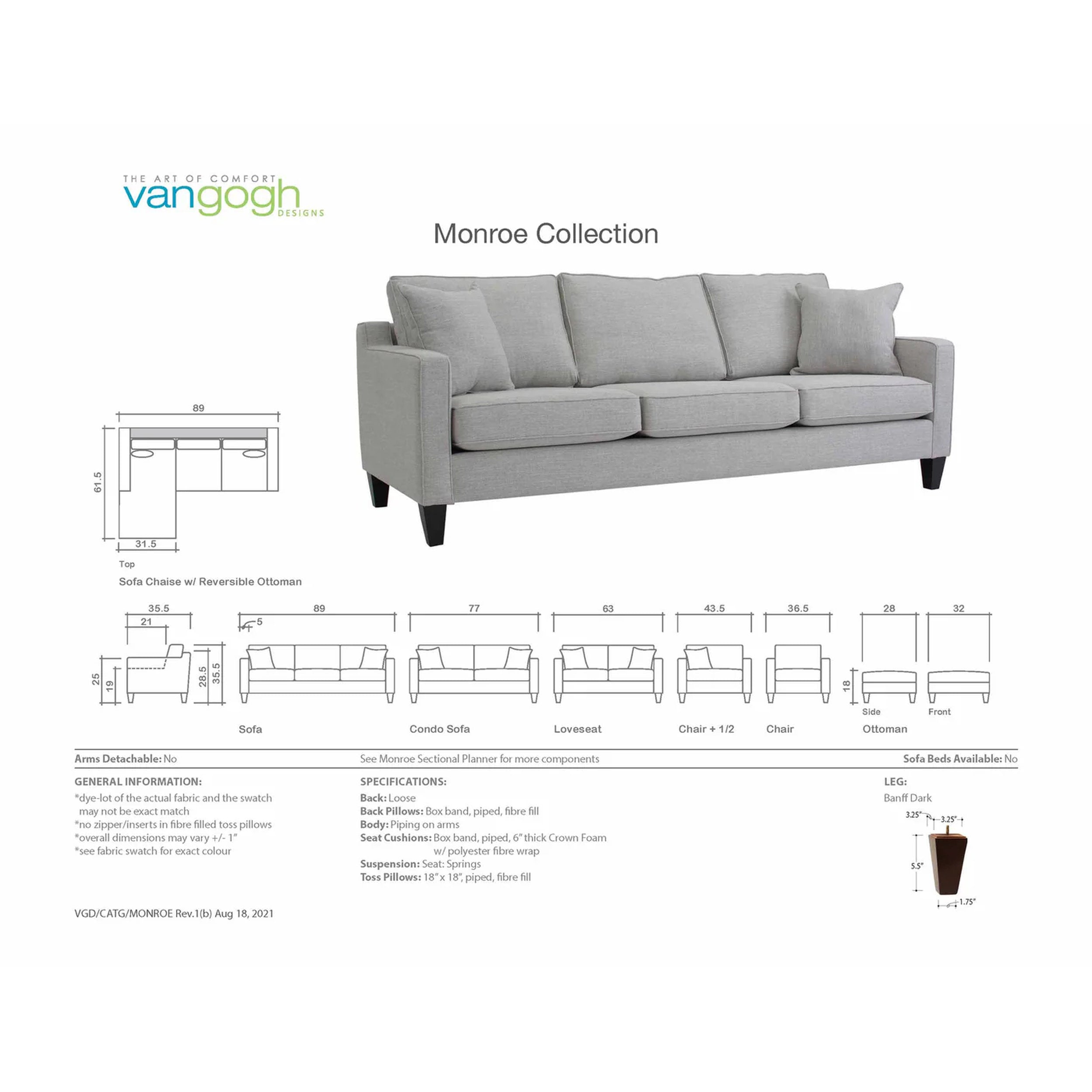 Monroe with technical drawings and specifications on a white background