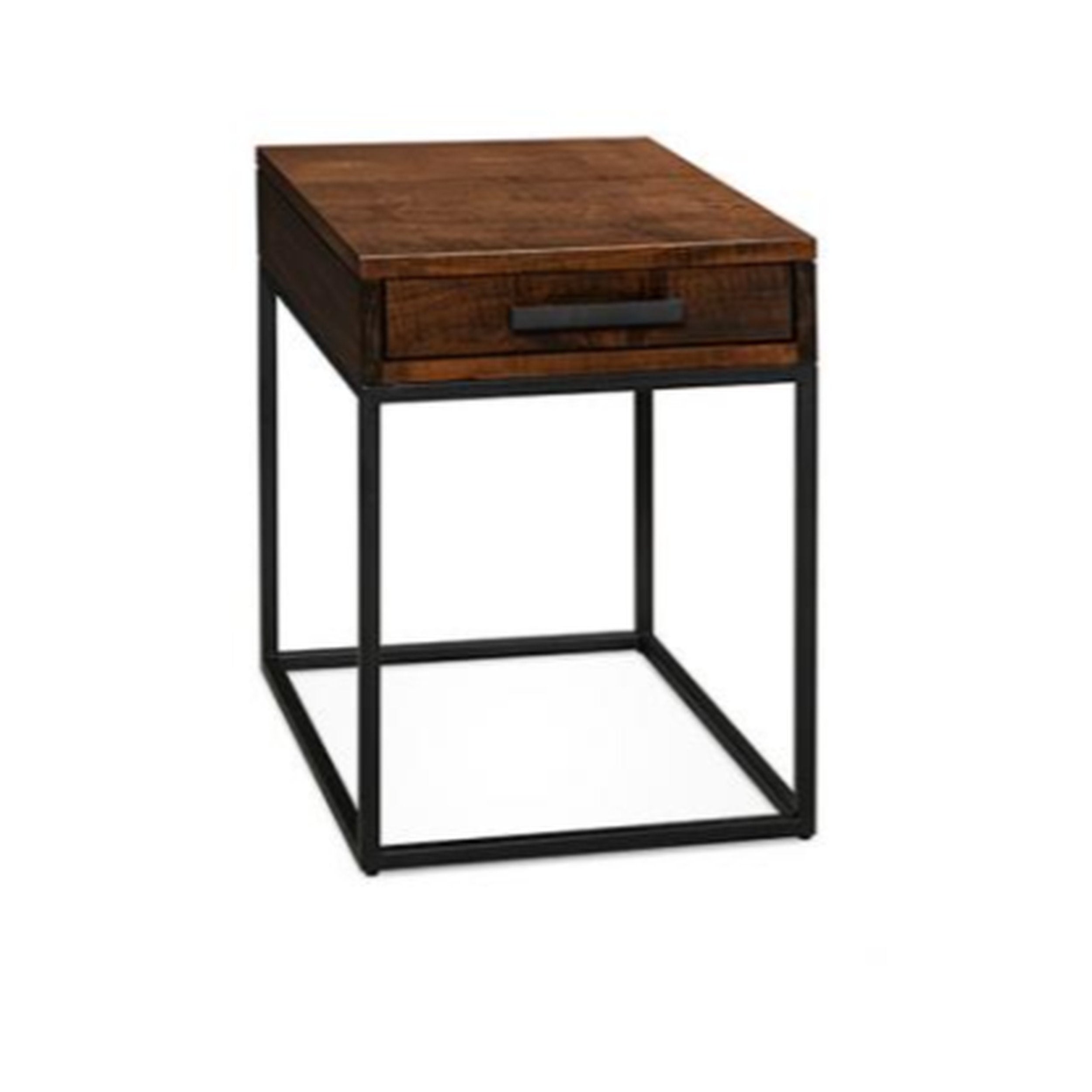 Wooden side table with a black metal frame on a white background