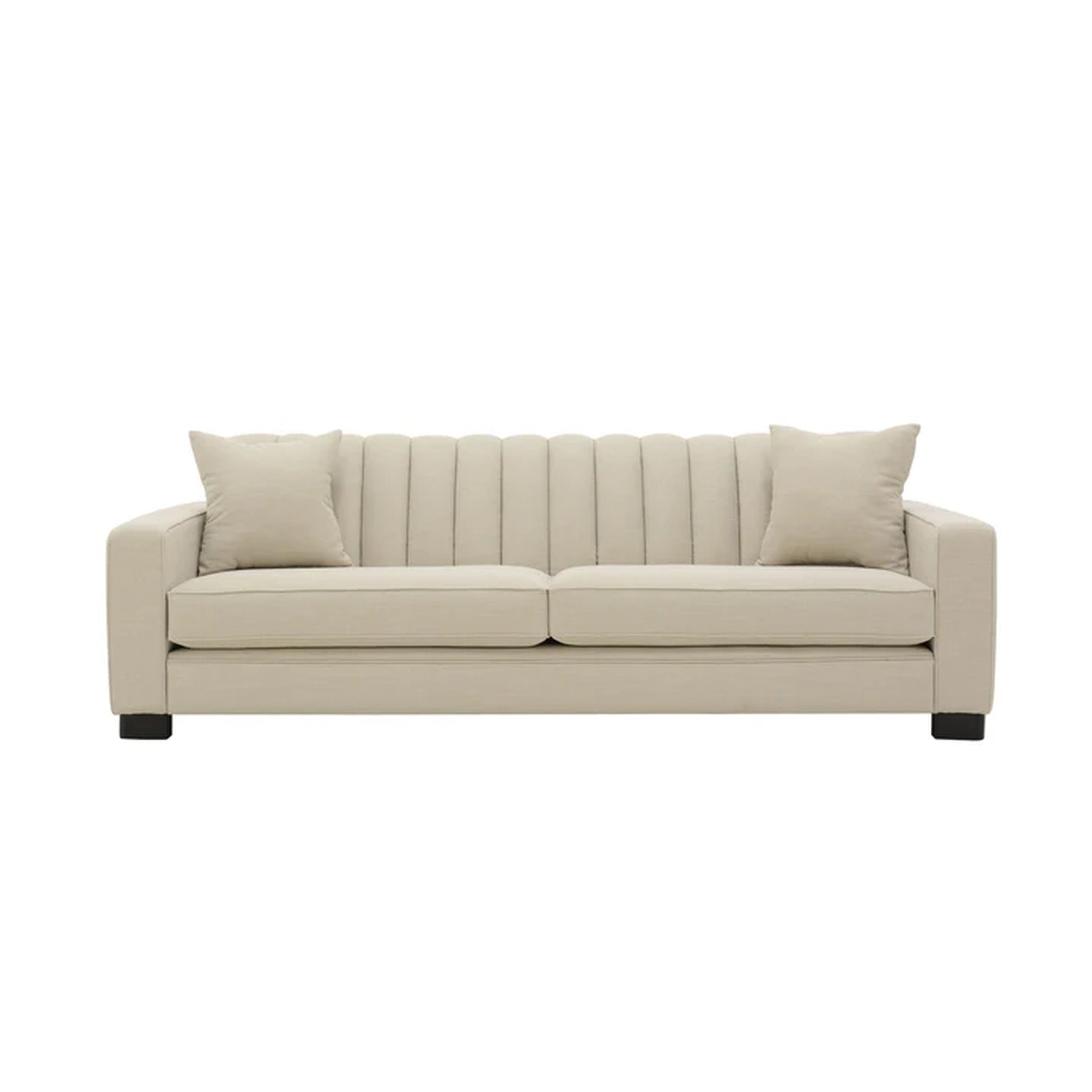 Beige sofa with two cushions on a white background