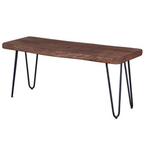 Load image into Gallery viewer, Wooden table with black metal legs on a white background

