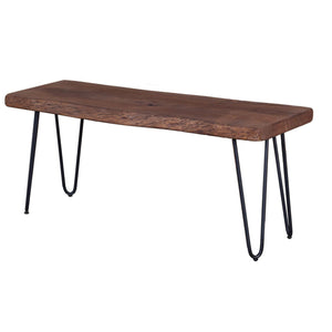 Wooden table with black metal legs on a white background