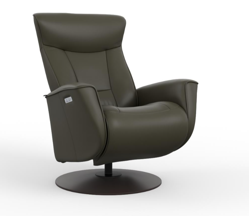 a dark green oskar recliner in martini olive leather on a wood circular base