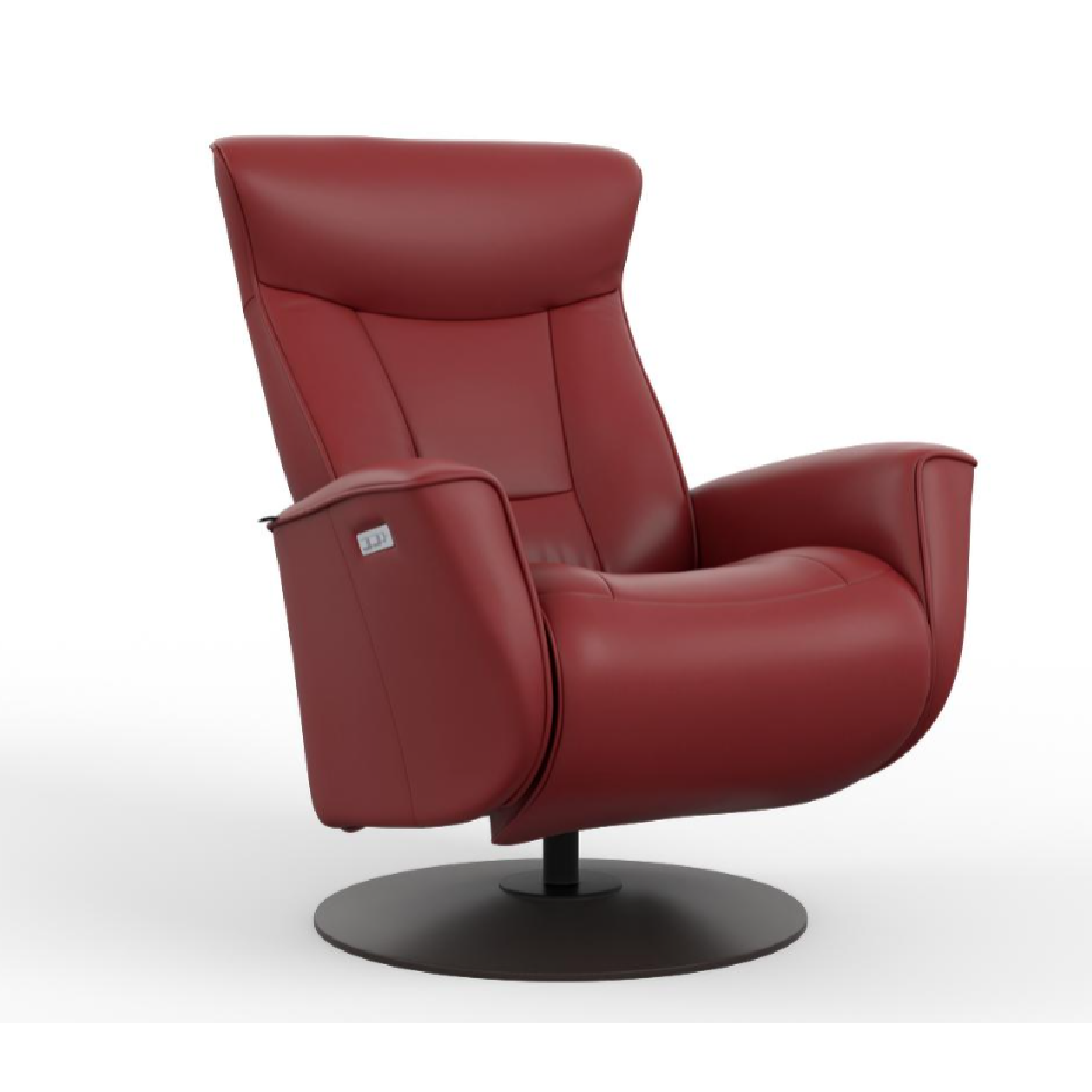 oskar recliner in a red leather on a wood base 