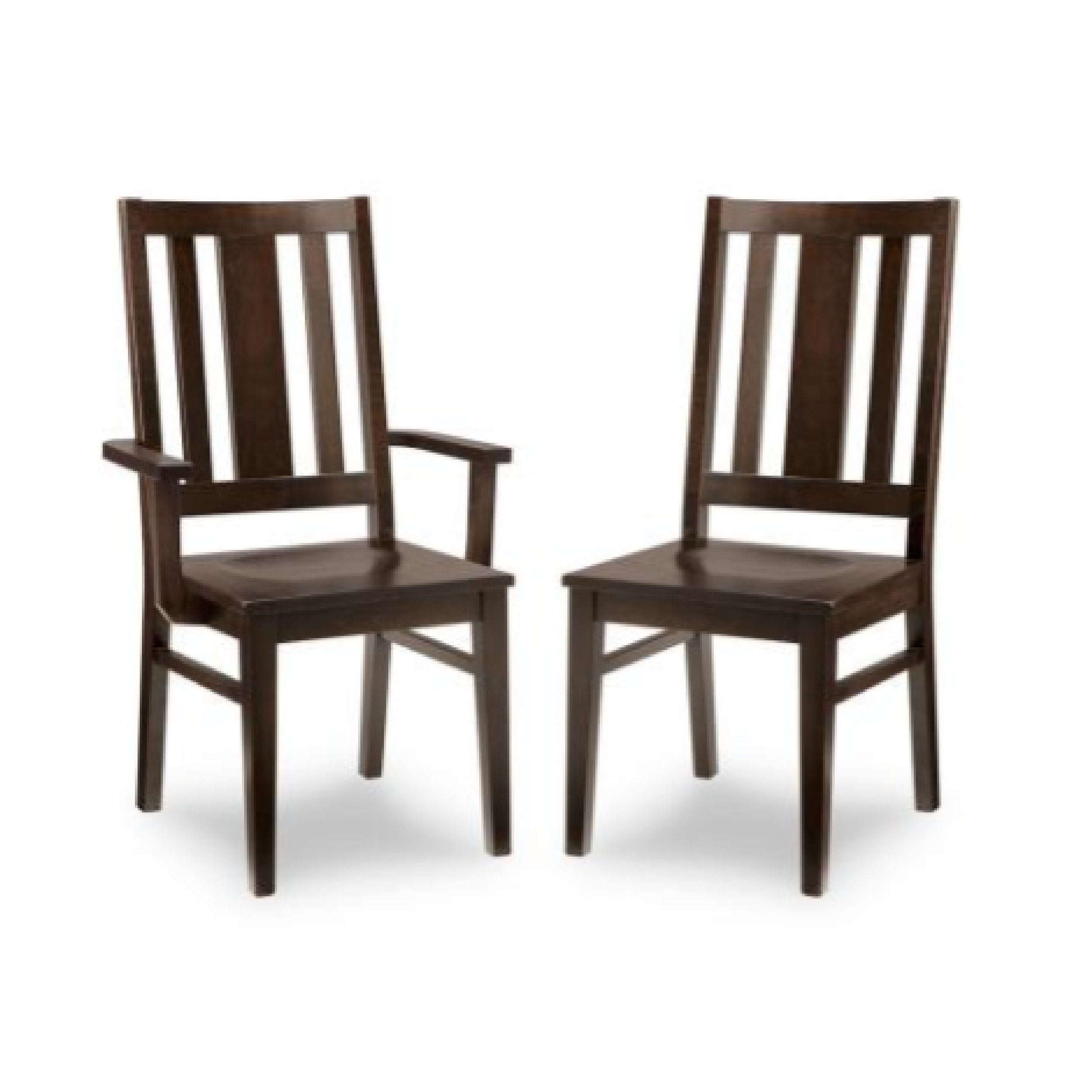 Two dark brown wooden chairs on a white background