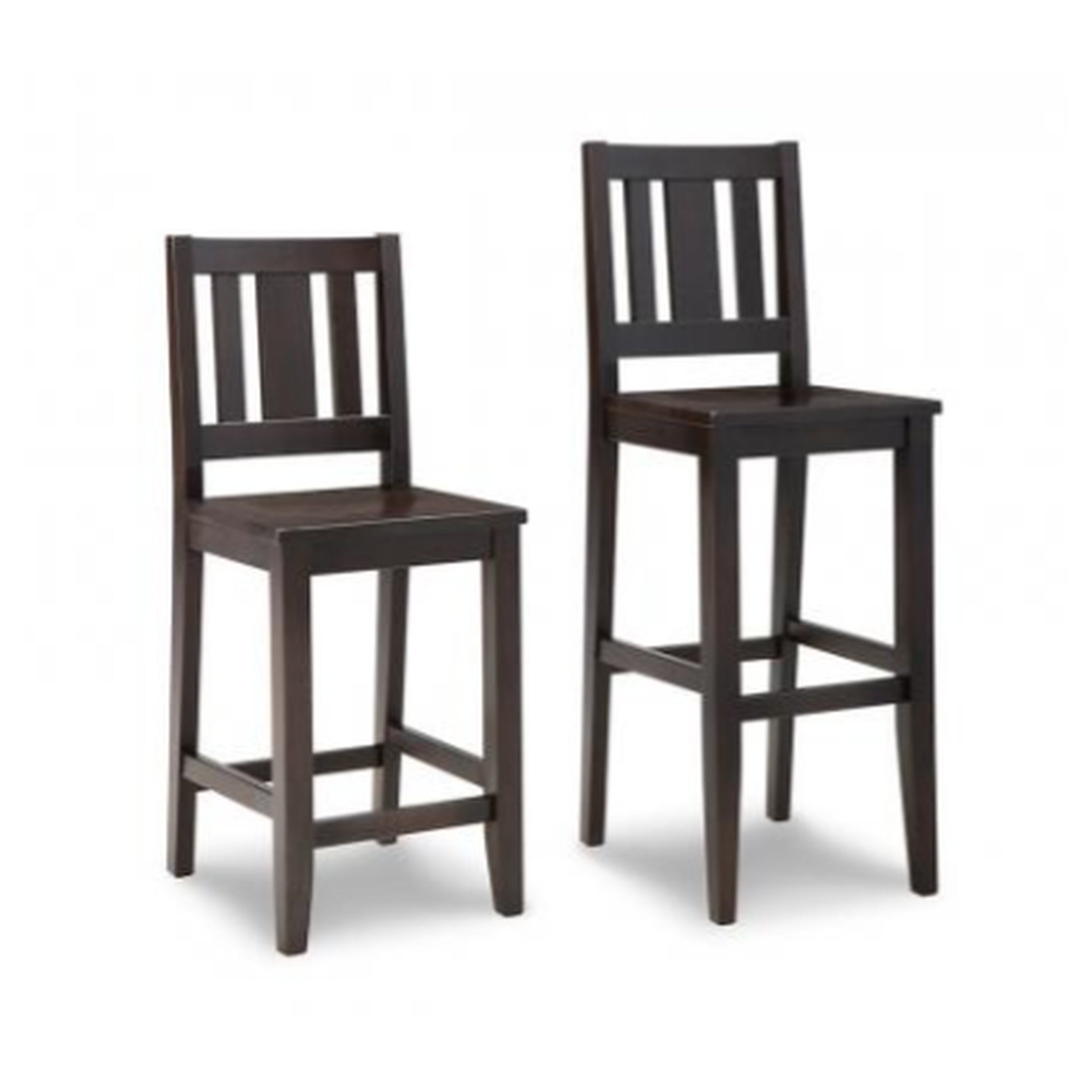 Two dark brown wooden bar stools on a white background