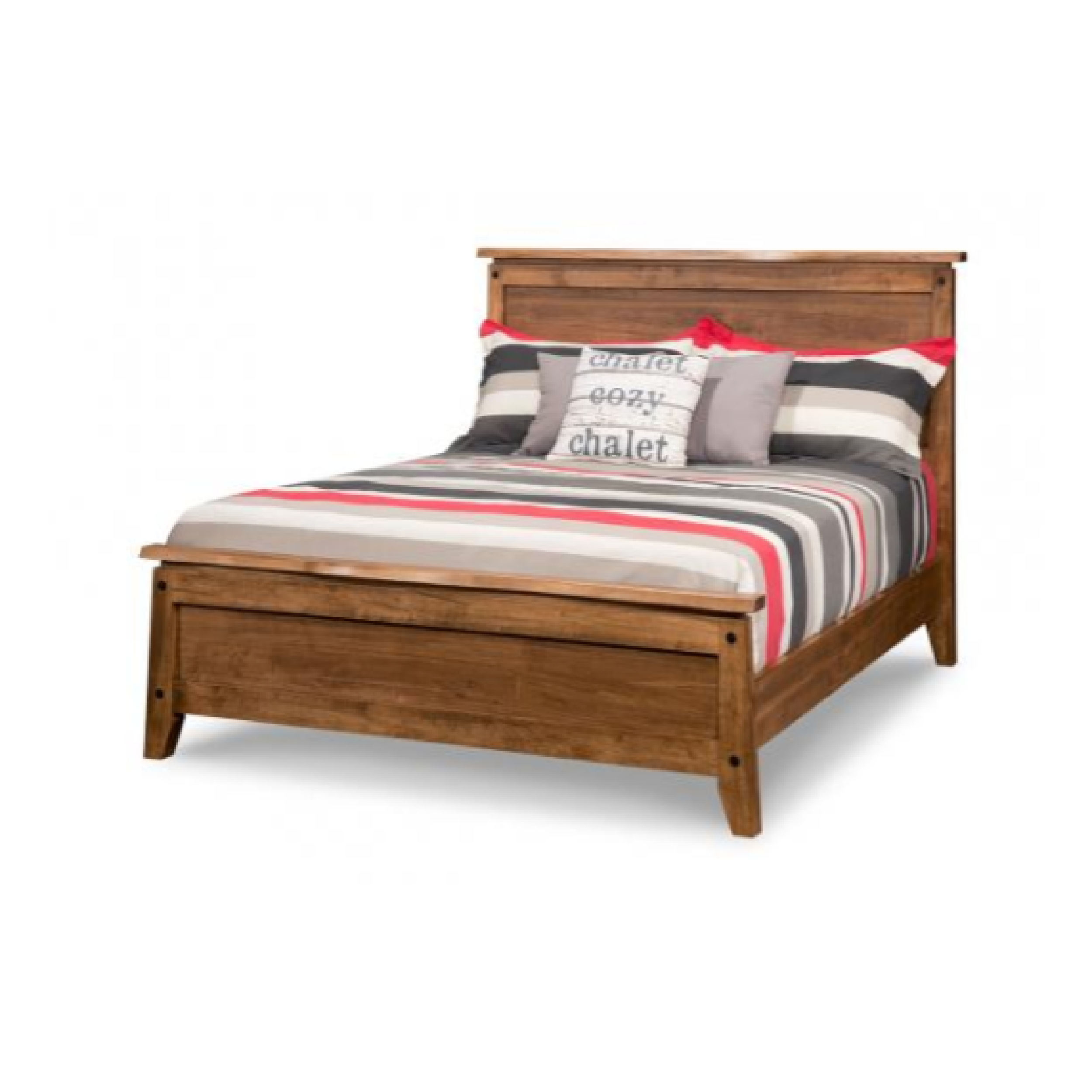 A wooden bed frame with a mattress and a pillow, featuring a mix of solid red and black stripes on the bedding.