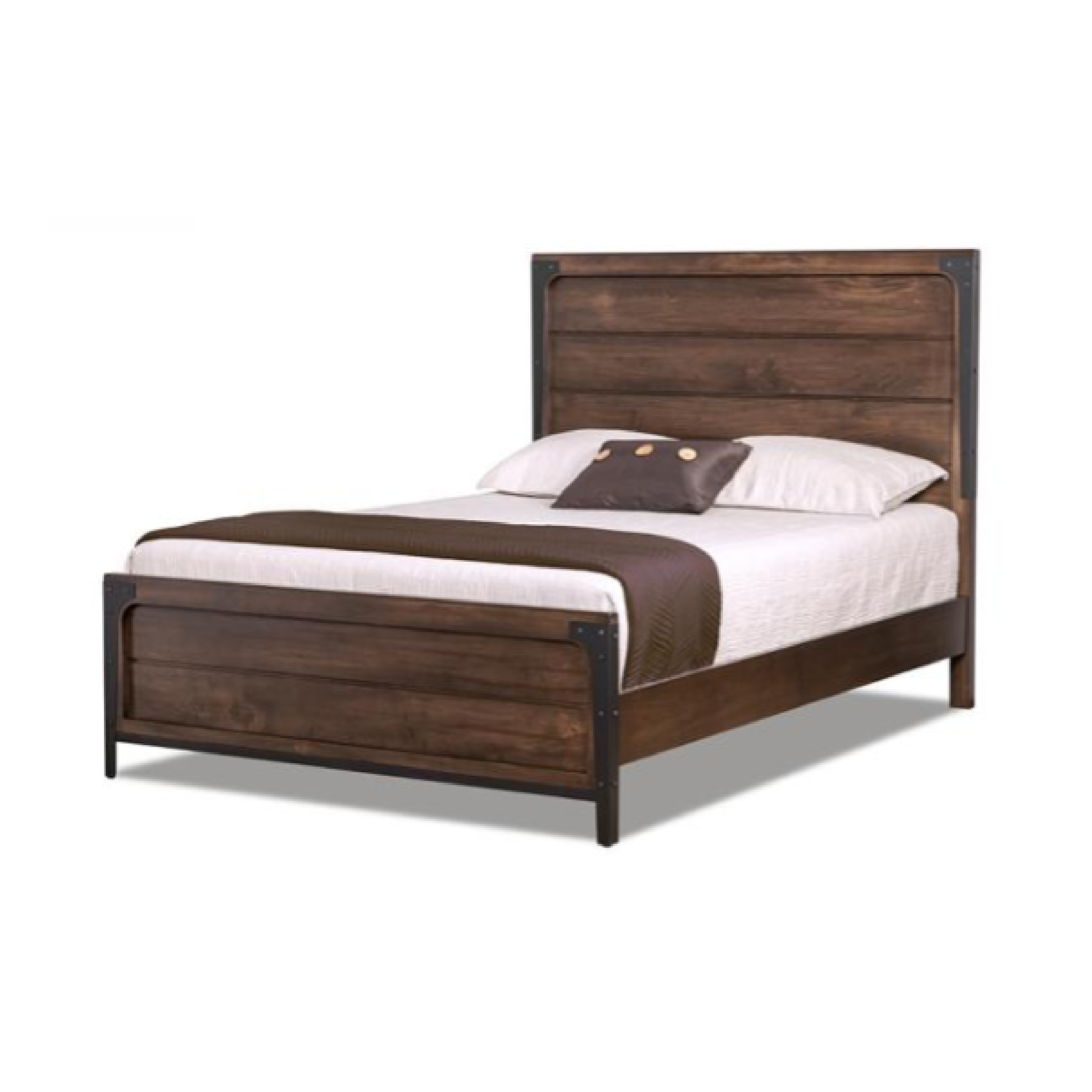 A brown wooden bed frame with a high headboard and custom high leg metal hardware, set against a white background.