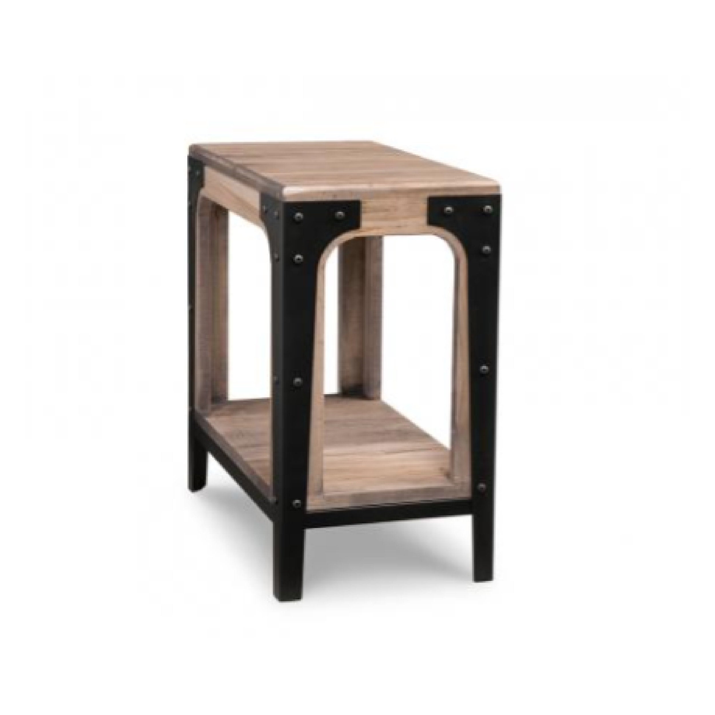 Wooden side table with black metal accents on a white background