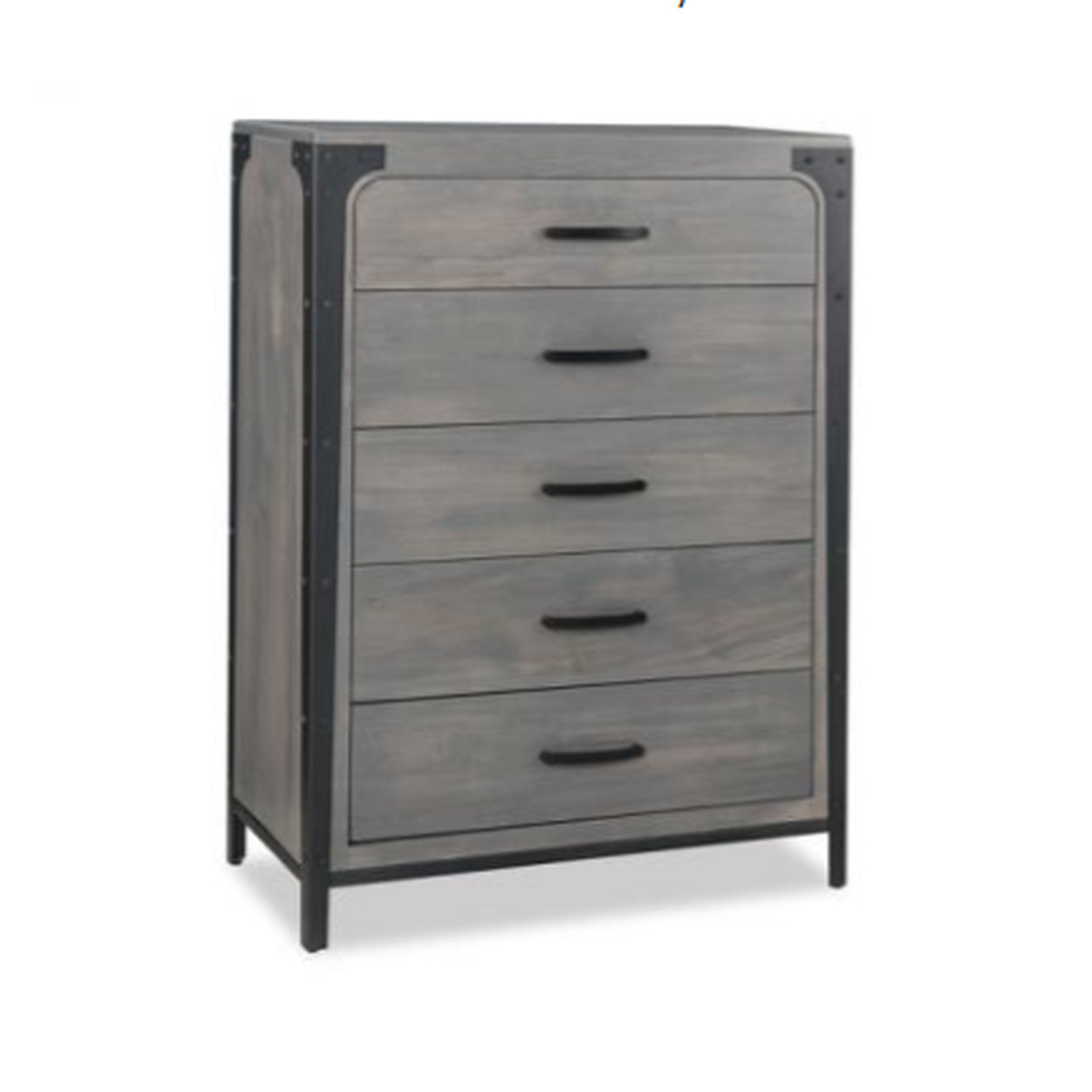 Gray dresser with black metal accents on a white background