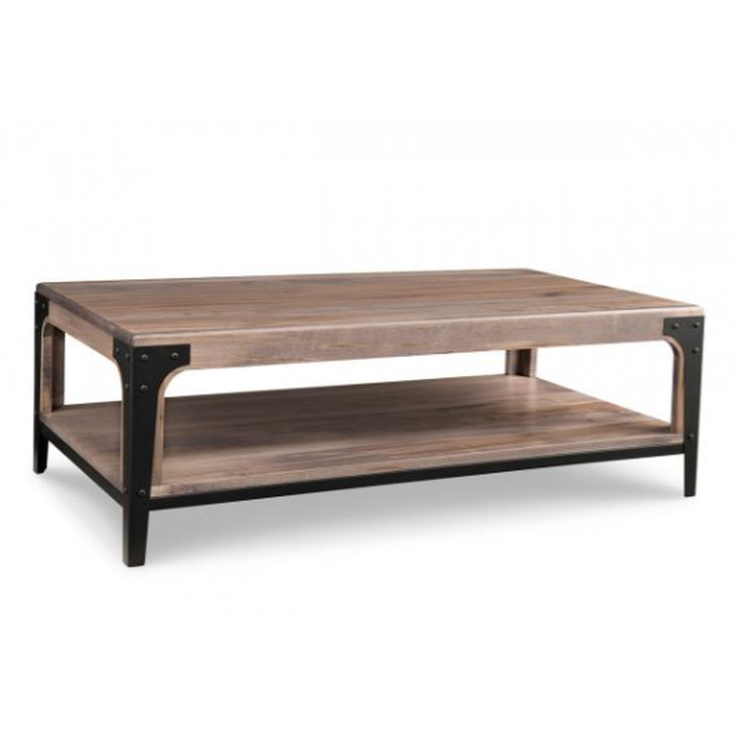 Wooden coffee table with metal accents on a white background