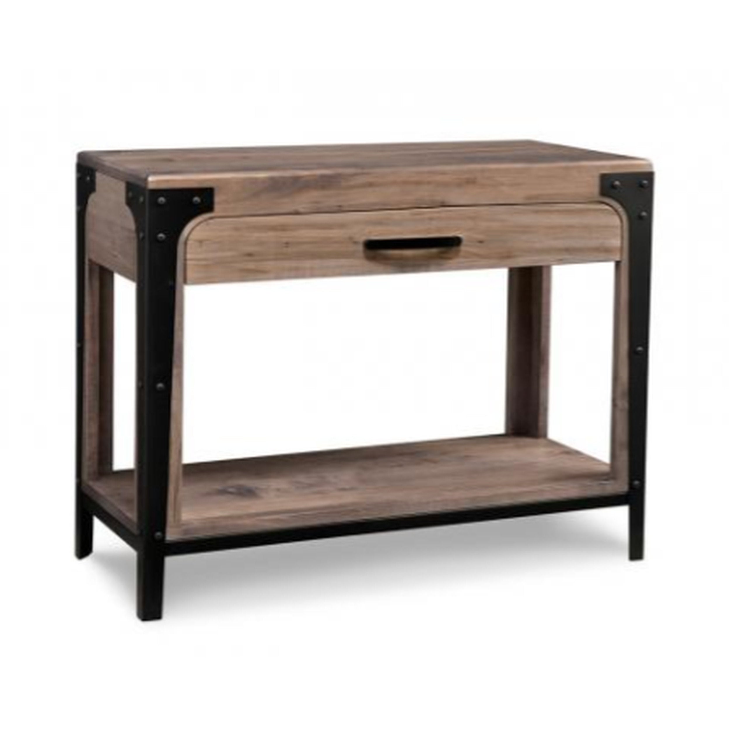 Wooden side table with metal accents on a white background