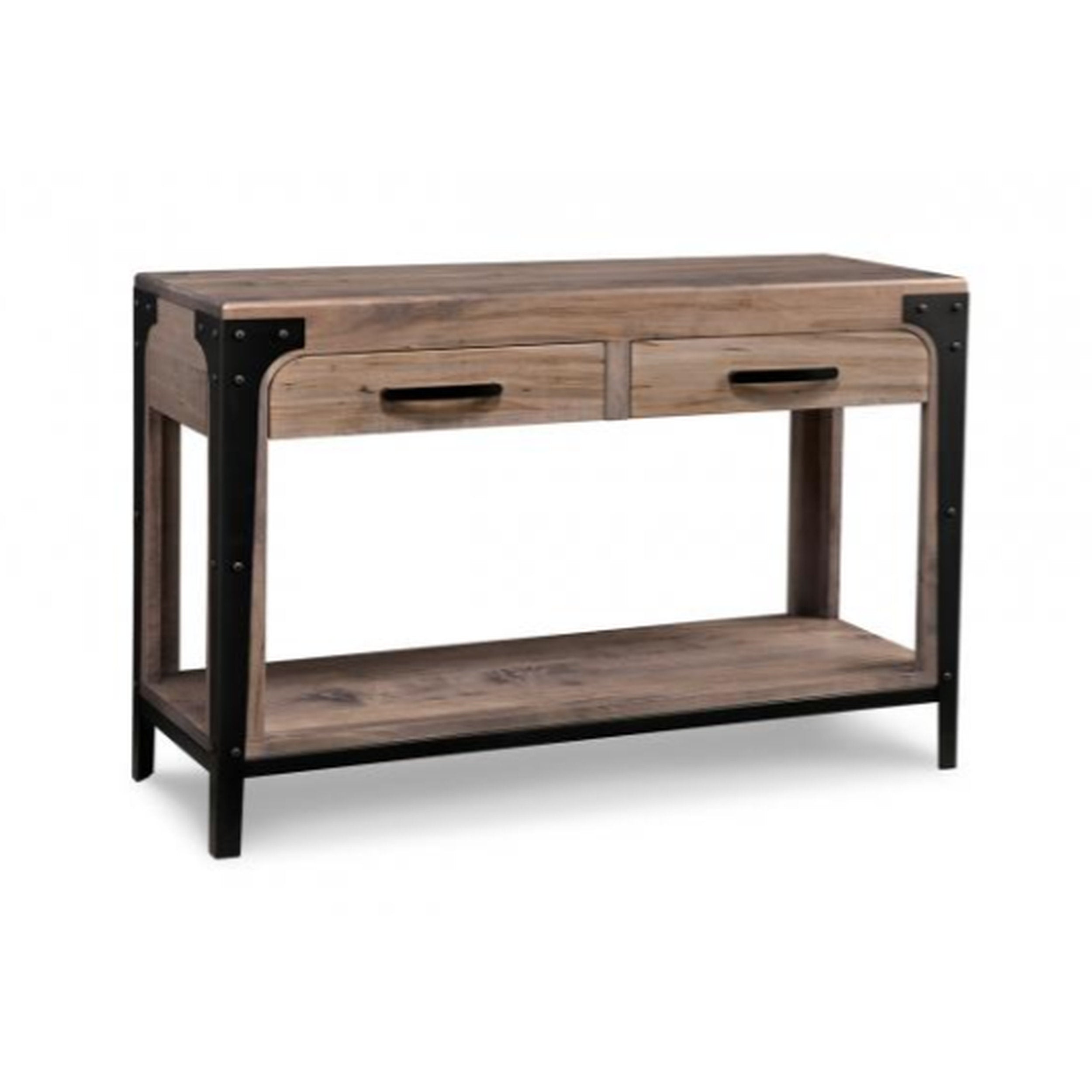 Wooden console table with metal accents on a white background