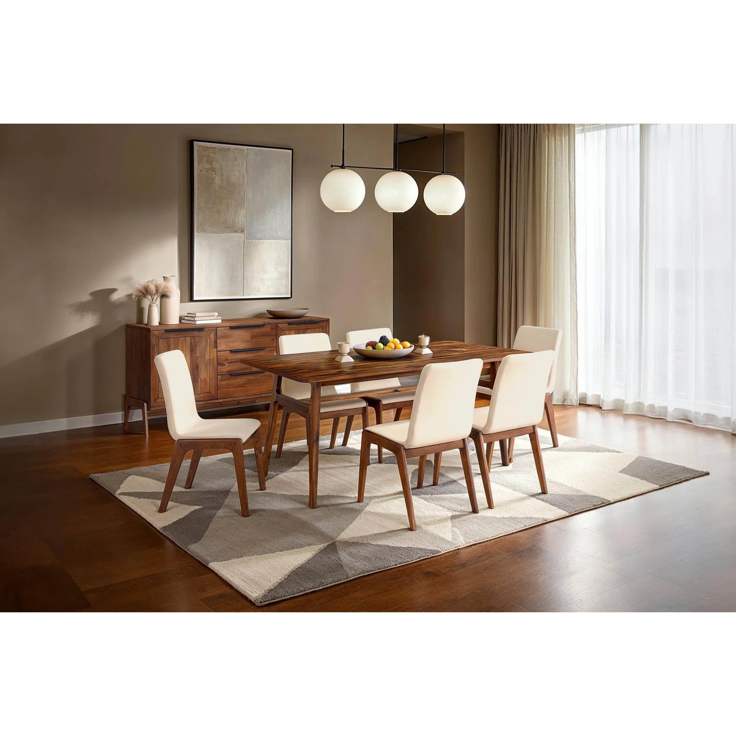Remix Dining Table by LH Home with cream upholstered chairs, mid-century legs, modern dining set stylish.