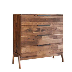 Wooden chest with a patchwork design on a white background
