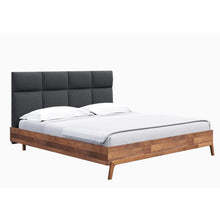 Load image into Gallery viewer, Bed with wooden frame and gray upholstered headboard on a white background

