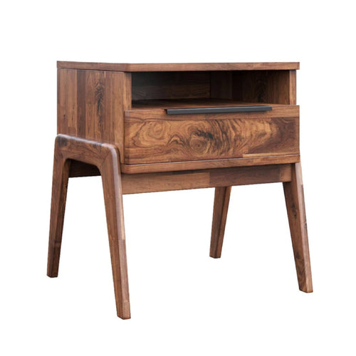 Wooden nightstand with a single drawer on a white background