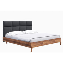 Load image into Gallery viewer, Bed with wooden frame and gray upholstered headboard on a white background
