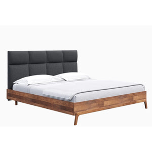 Bed with wooden frame and gray upholstered headboard on a white background