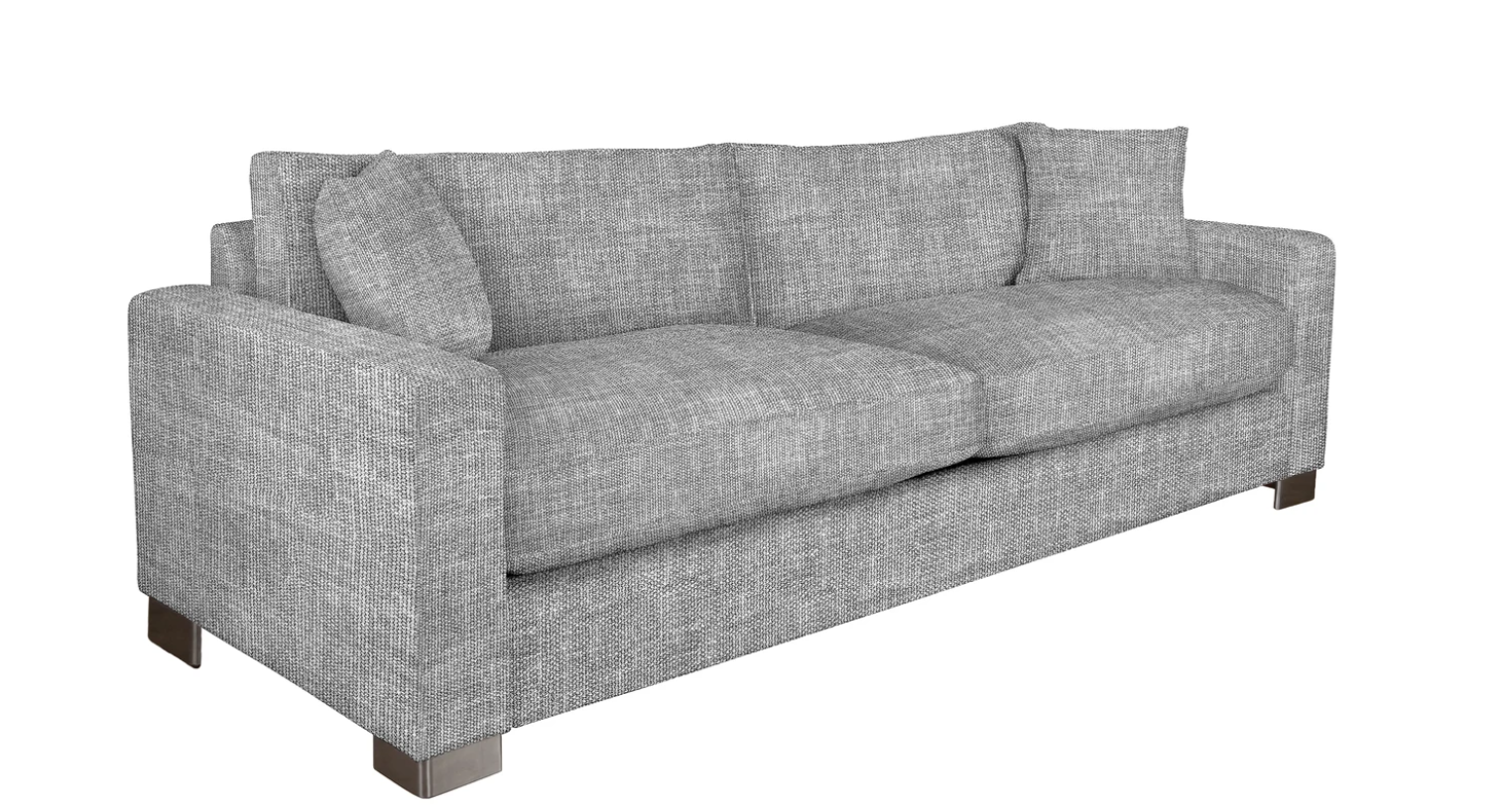 side view of the retreat showing a 2 cushion sofa on metal legs