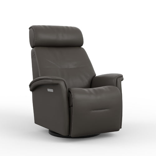 Graphite color recliner in a white background. 3 toggles showing controls of the chair