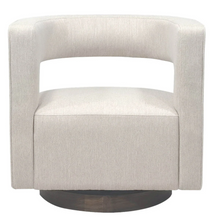 Load image into Gallery viewer, front view of a A contemporary club chair with a rounded armrest and backrest, upholstered in beige polyester fabric, shown with a wooden base.
