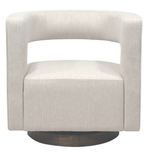 front view of a A contemporary club chair with a rounded armrest and backrest, upholstered in beige polyester fabric, shown with a wooden base.