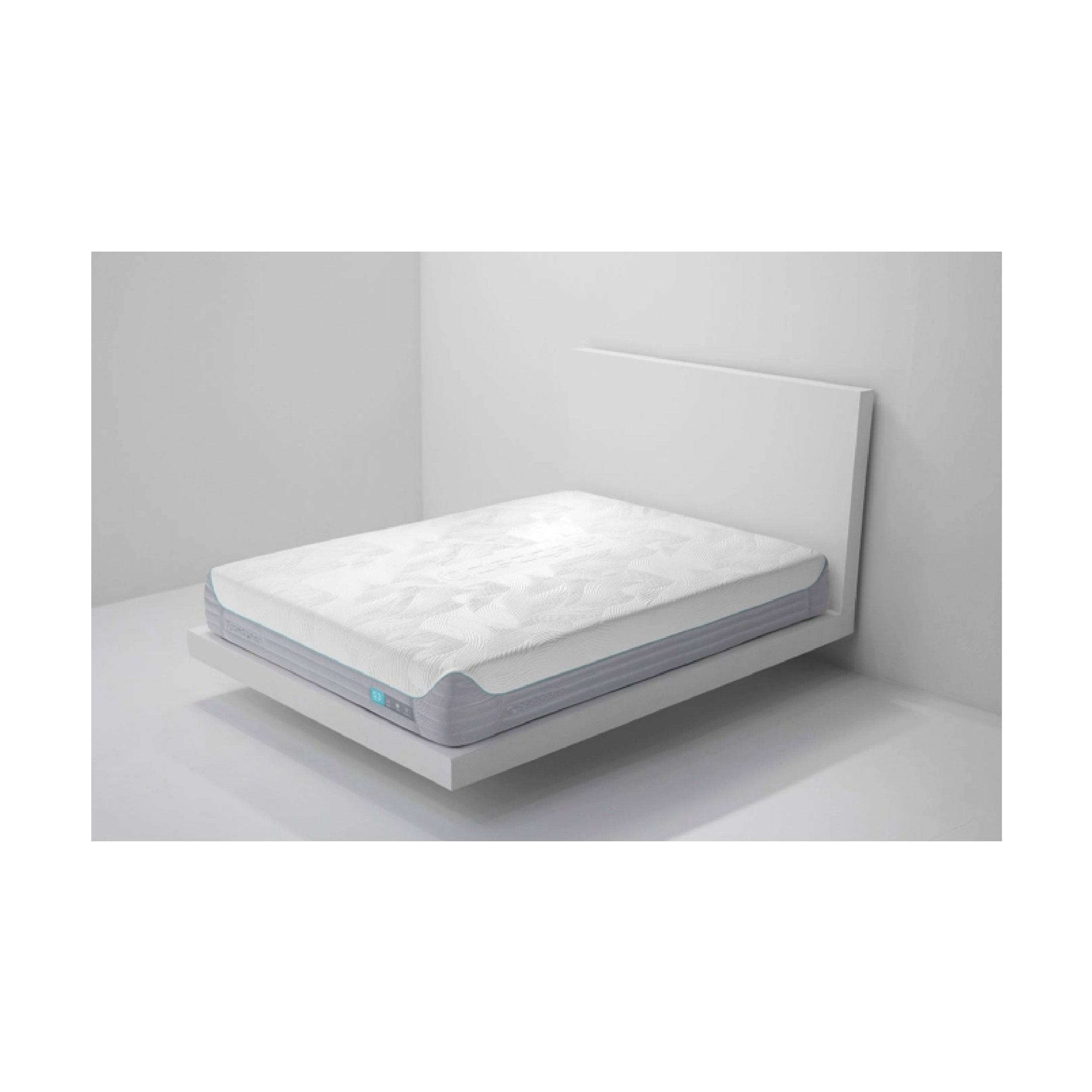 white mattress on a white bedframe along a white room