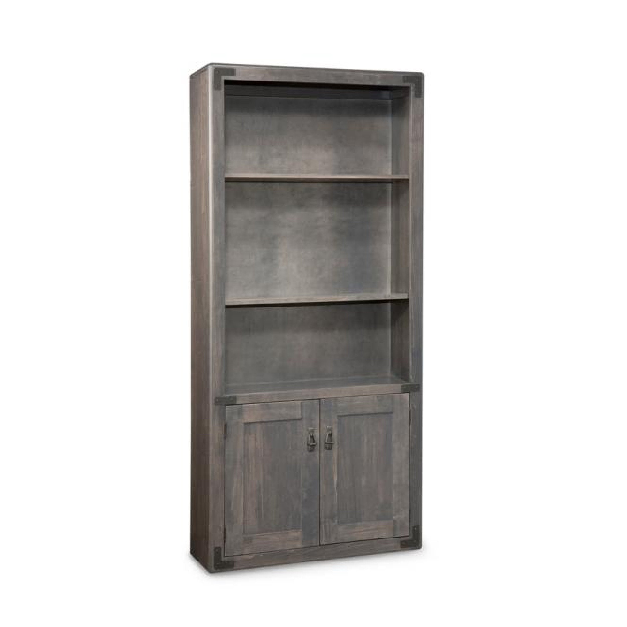 Wooden bookshelf with four shelves and two doors on a white background