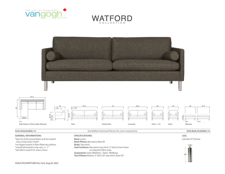 Gray sofa with Vangogh Watford Collection branding and product specifications.