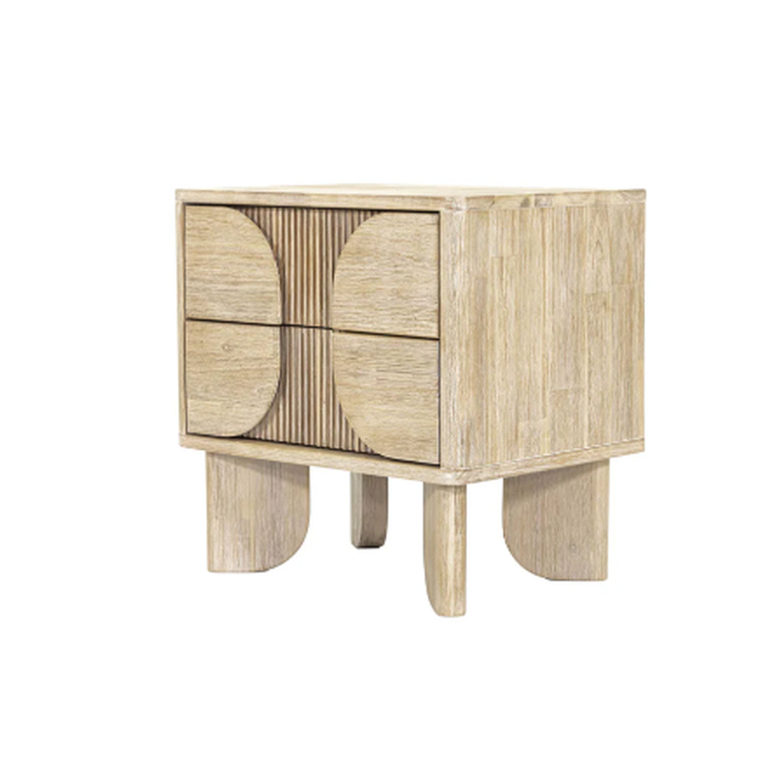 Wooden side table with a natural finish on a white background