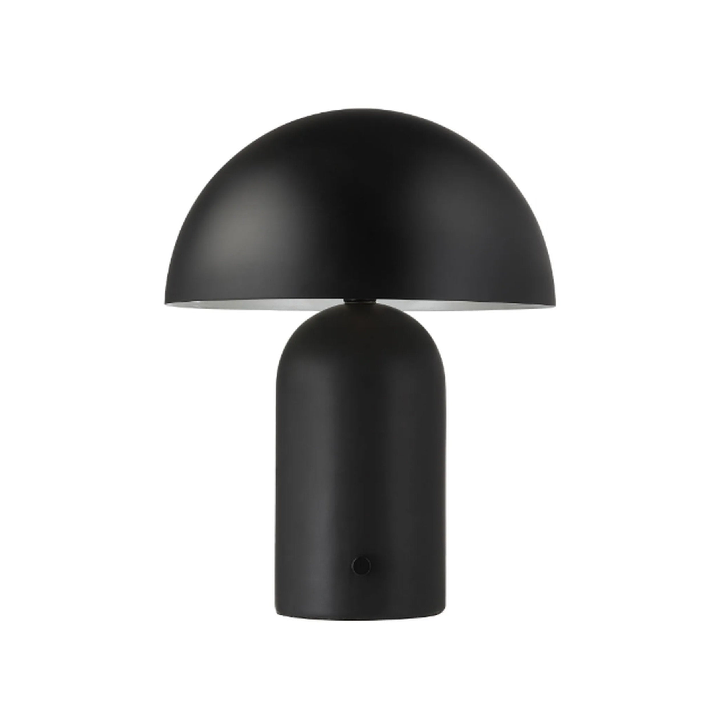 Black table lamp with a dome-shaped shade on a white background