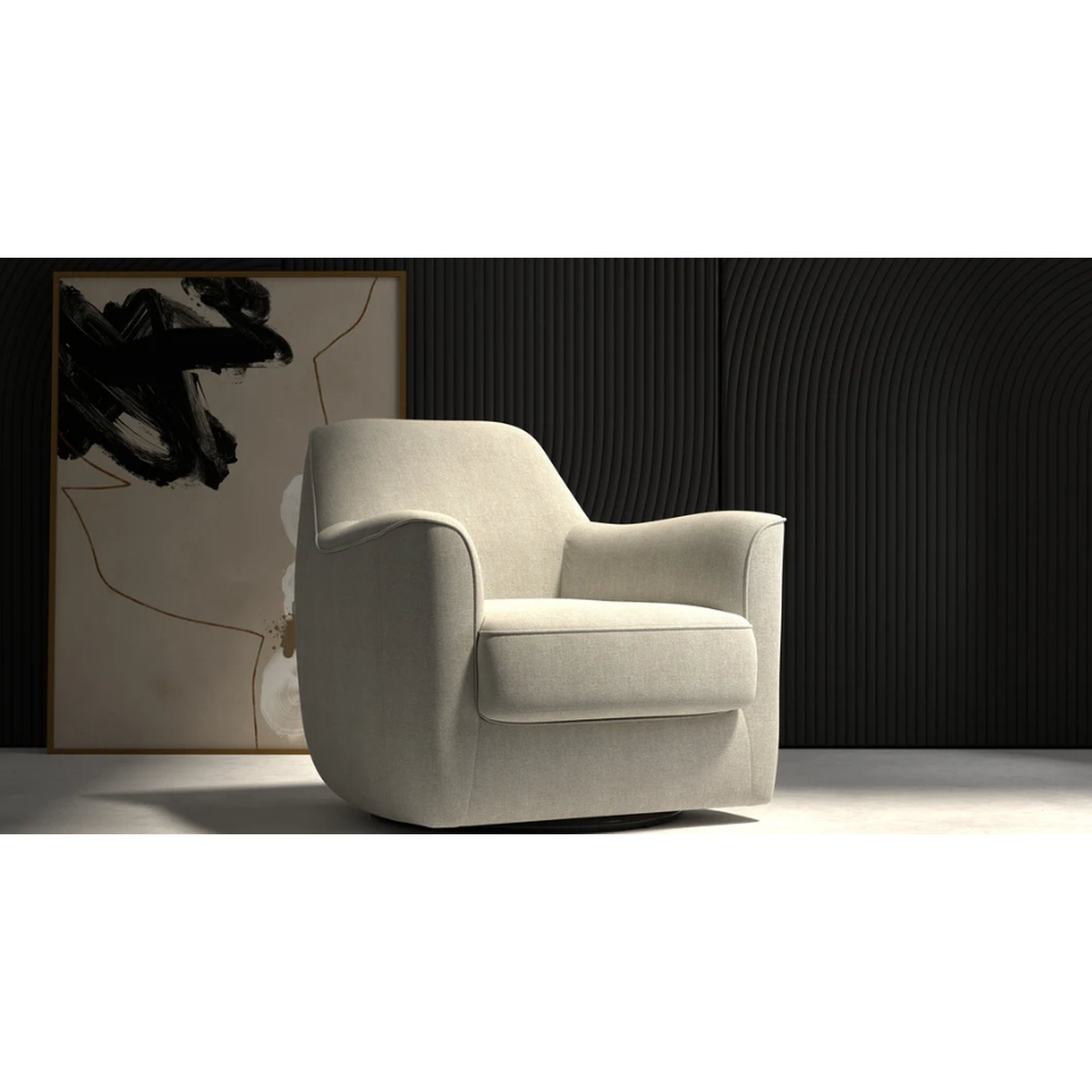 Beige armchair in a room with abstract art on the wall