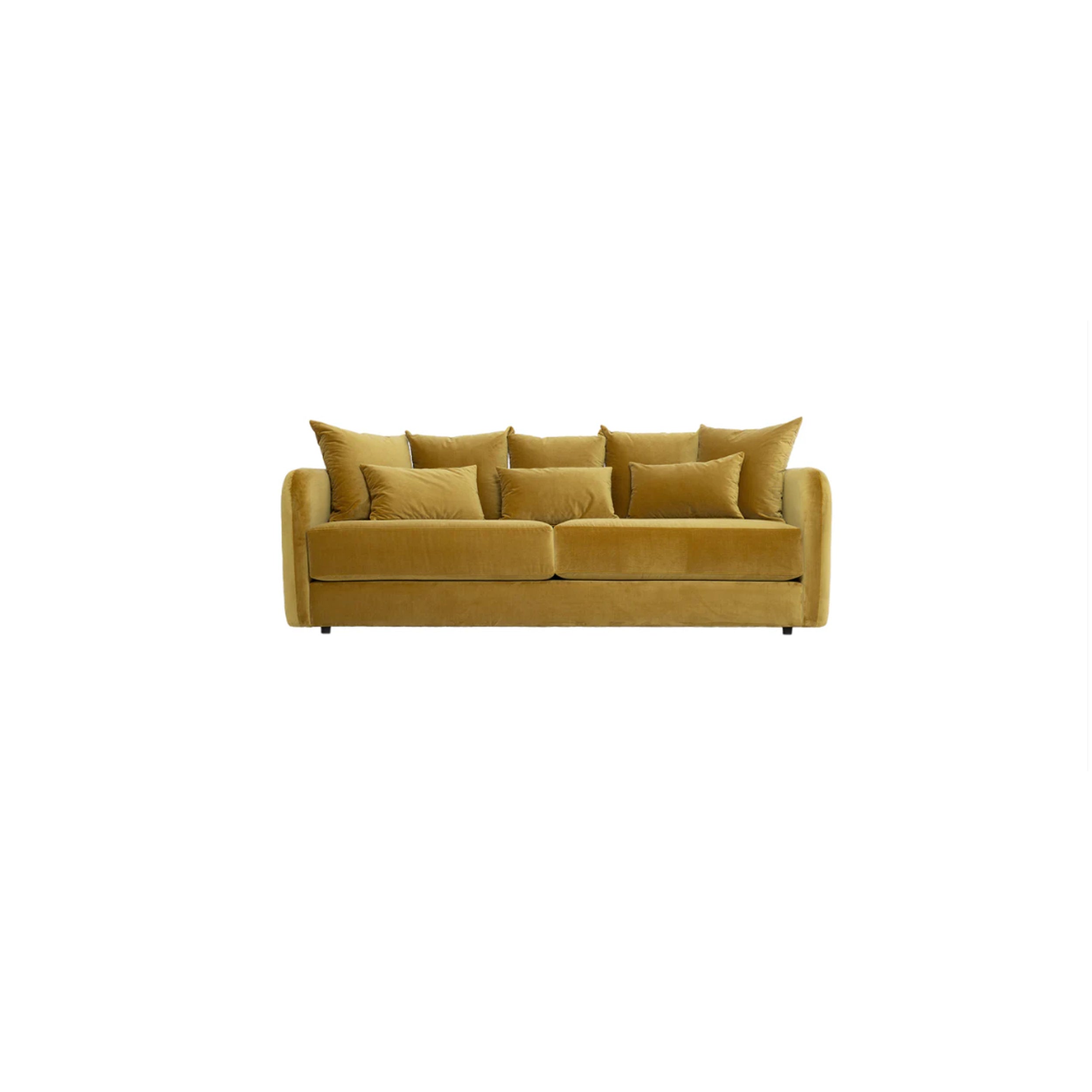 Mustard yellow sofa with cushions on a white background