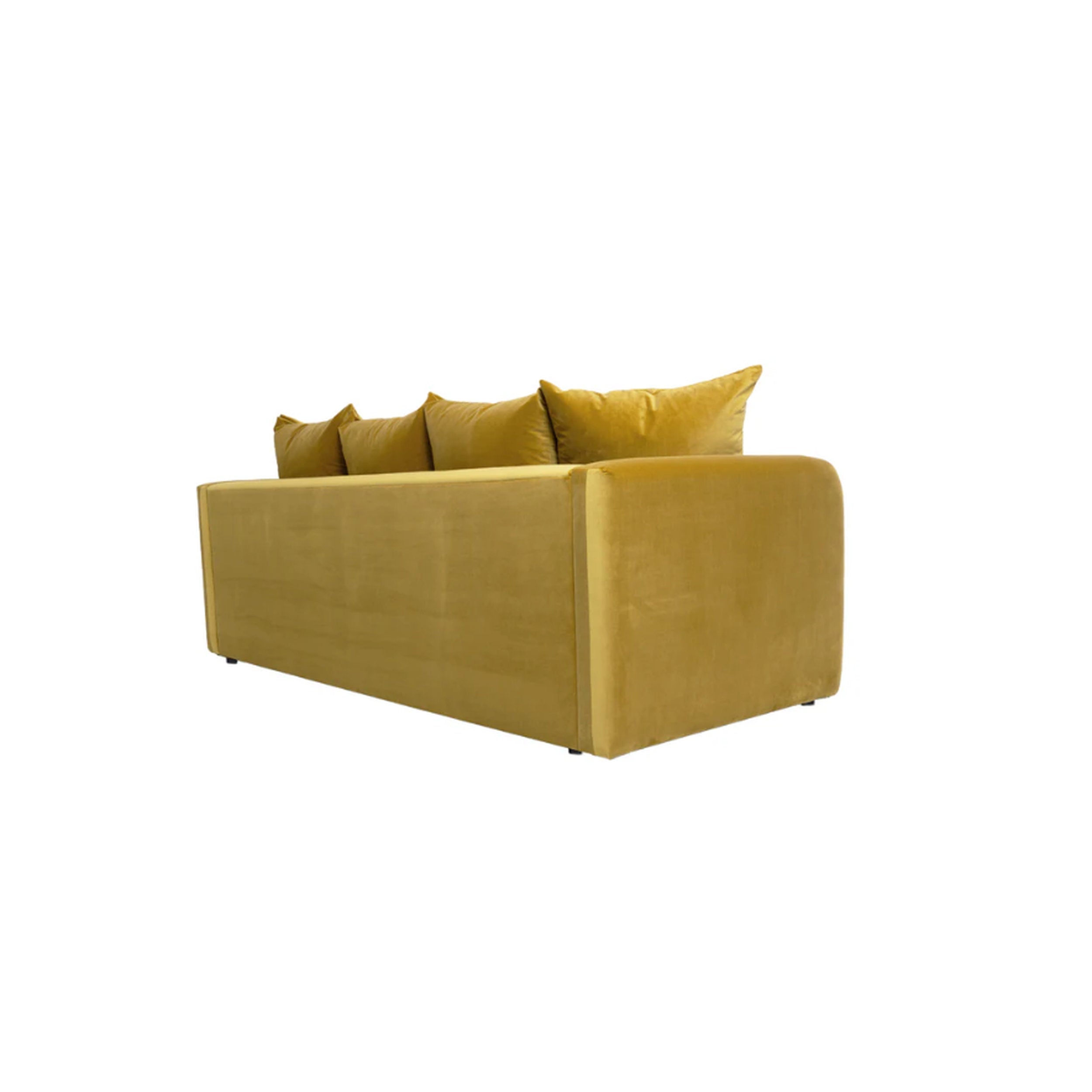 Mustard yellow sofa with three cushions on a white background