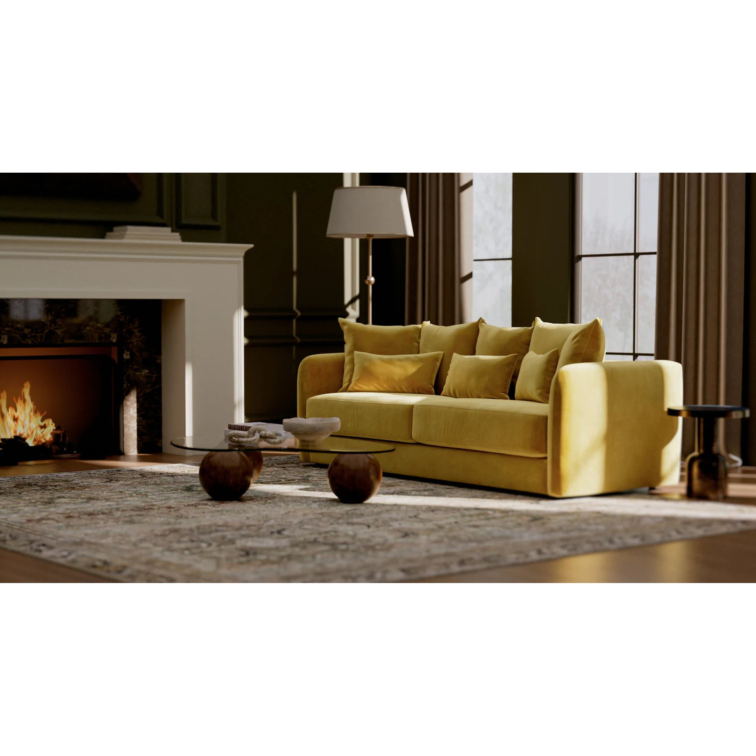 Yellow sofa in a living room with a fireplace and lamp.