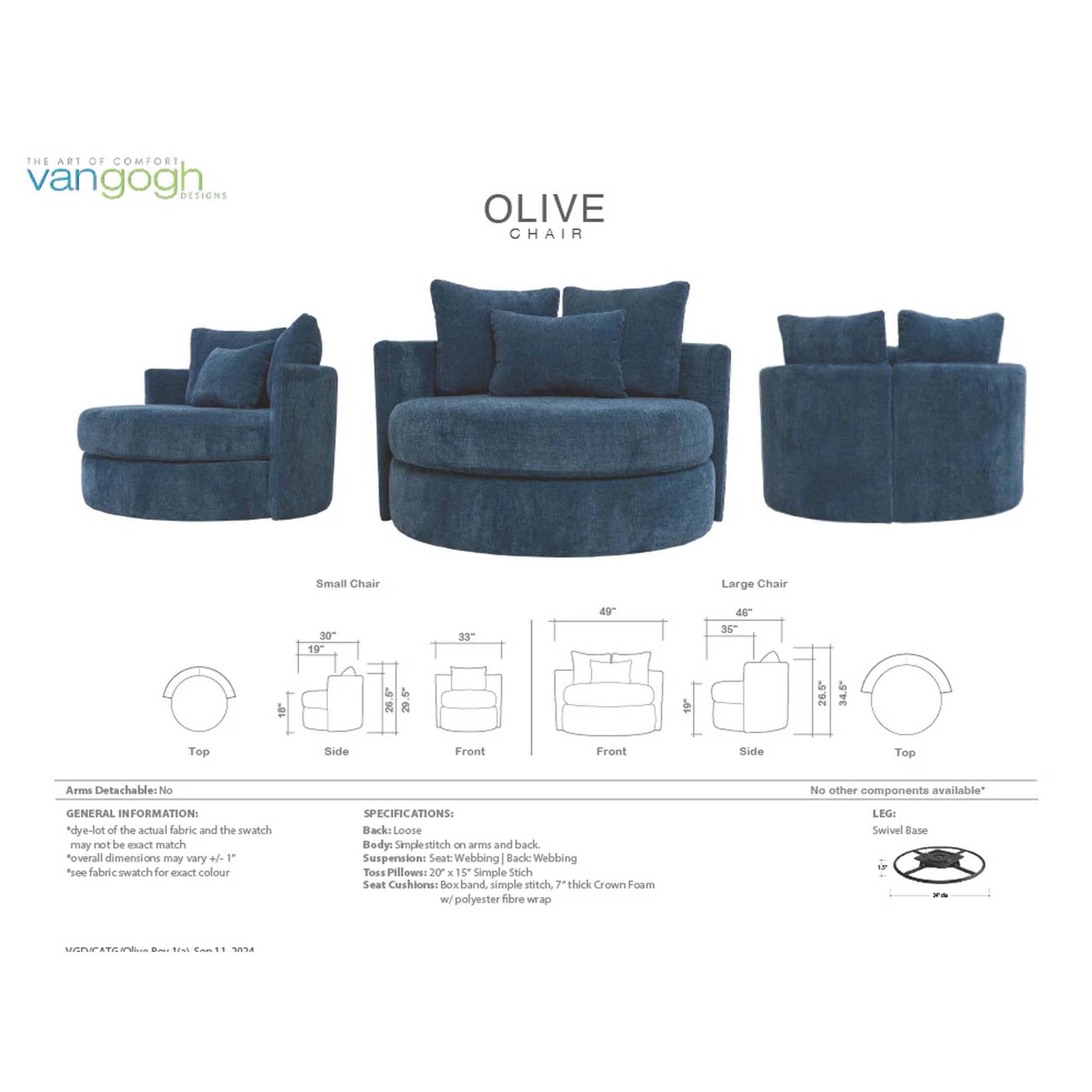 Blue chair with dimensions and specifications on a white background