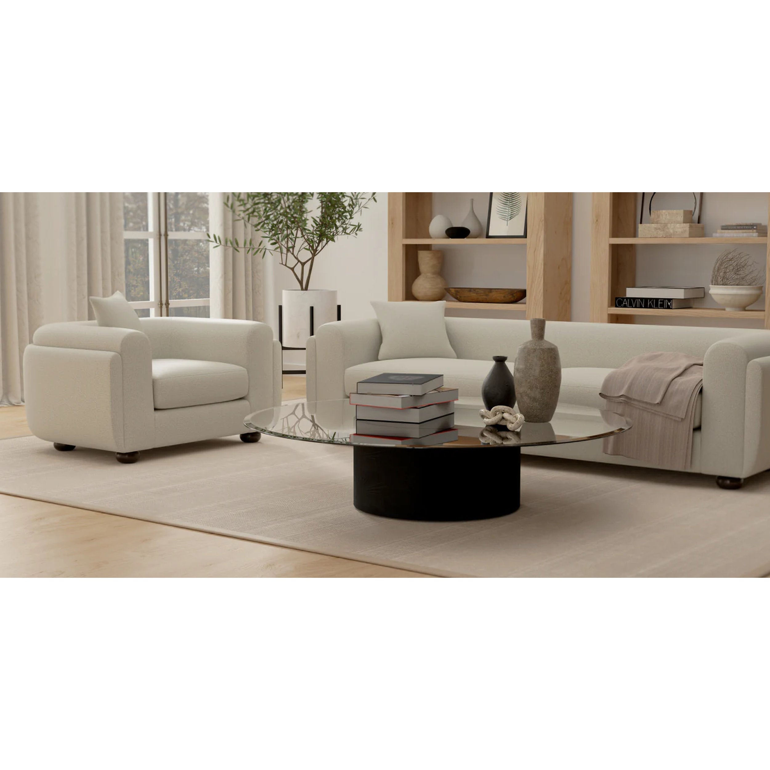 Modern living room with beige sofa, armchair, and coffee table.