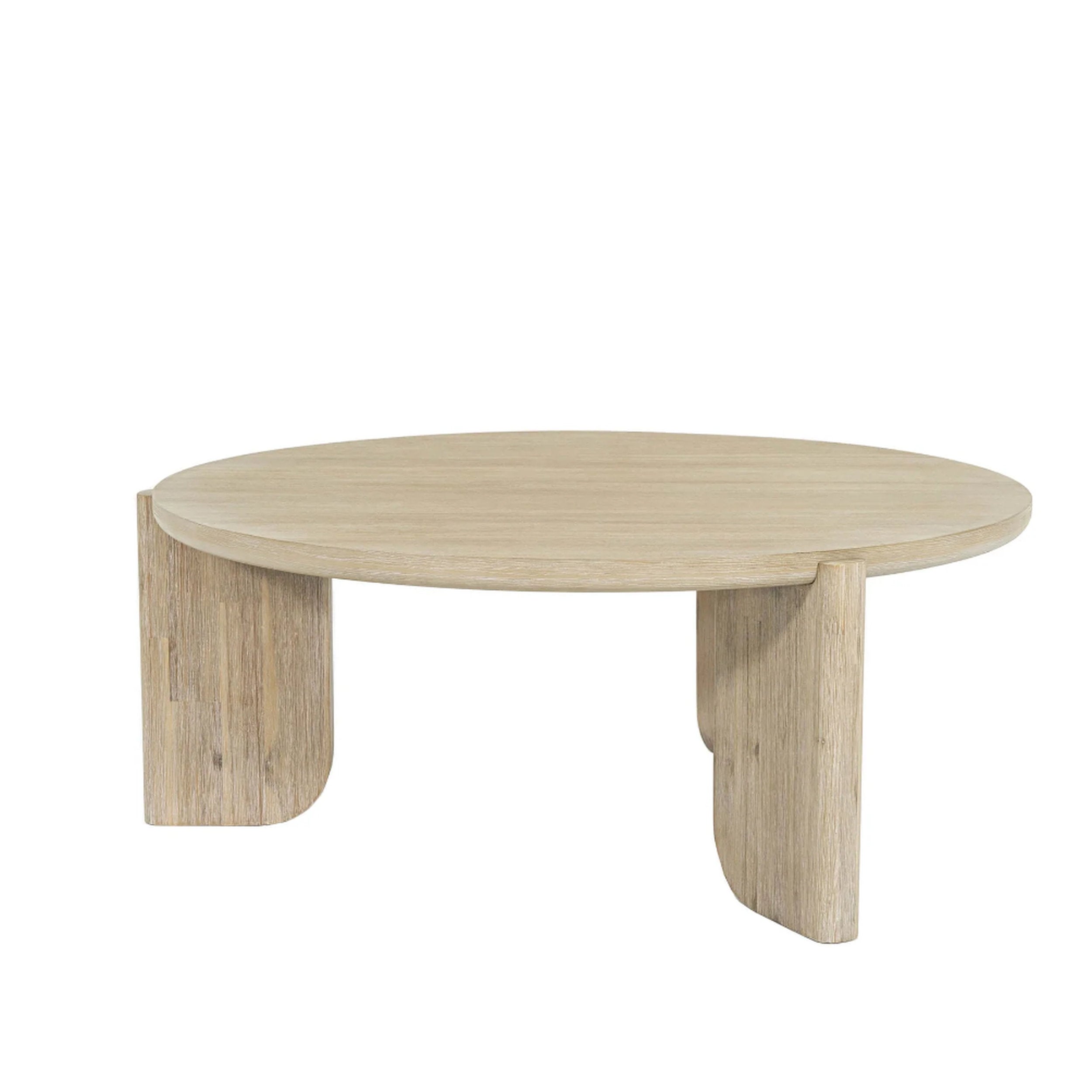 Round wooden coffee table with curved legs on a white background
