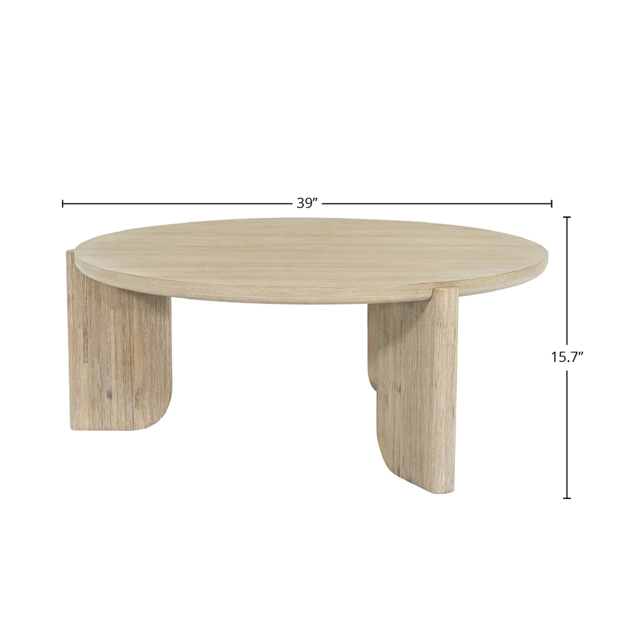 Round wooden table with dimensions on a white background