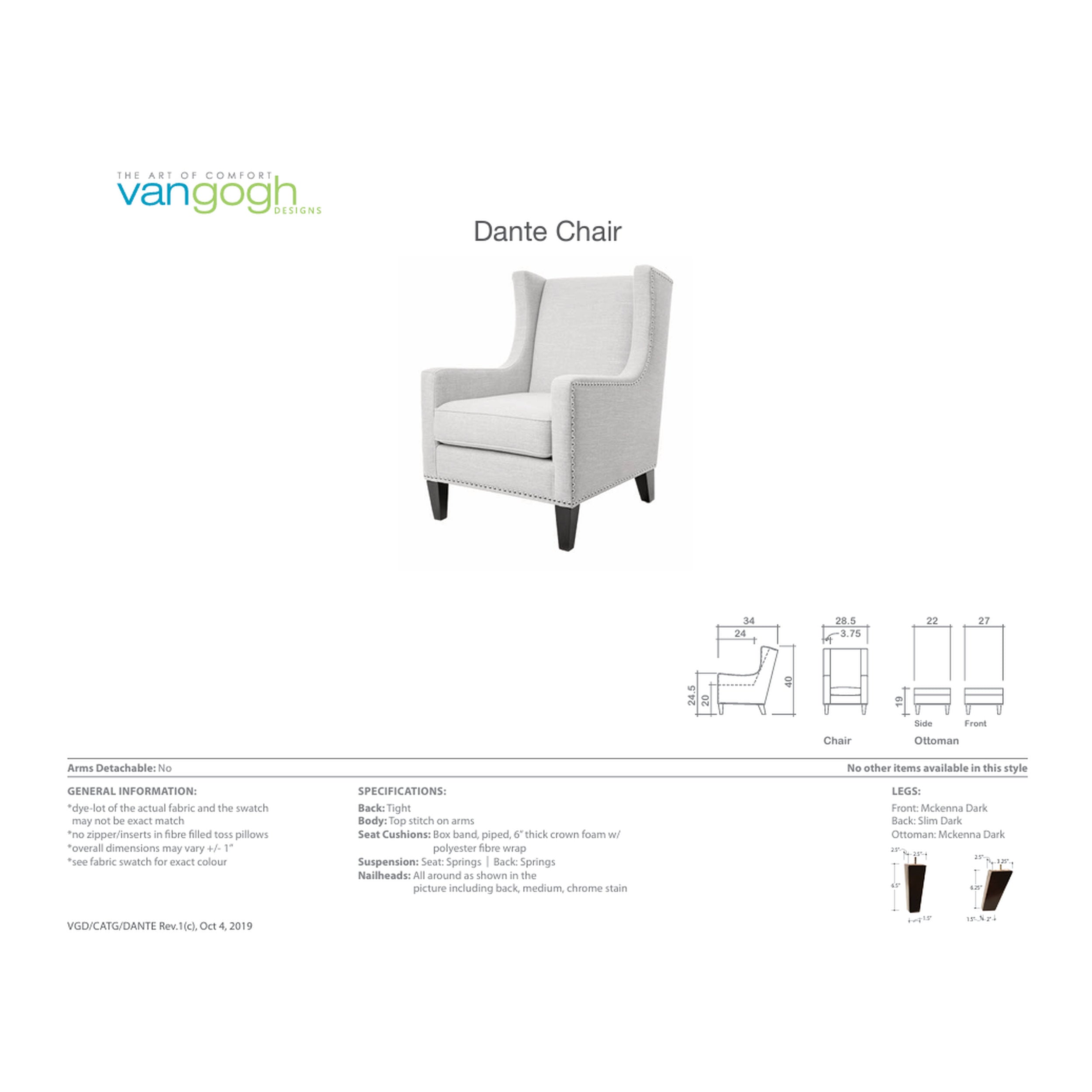Dante White chair with specifications on a white background