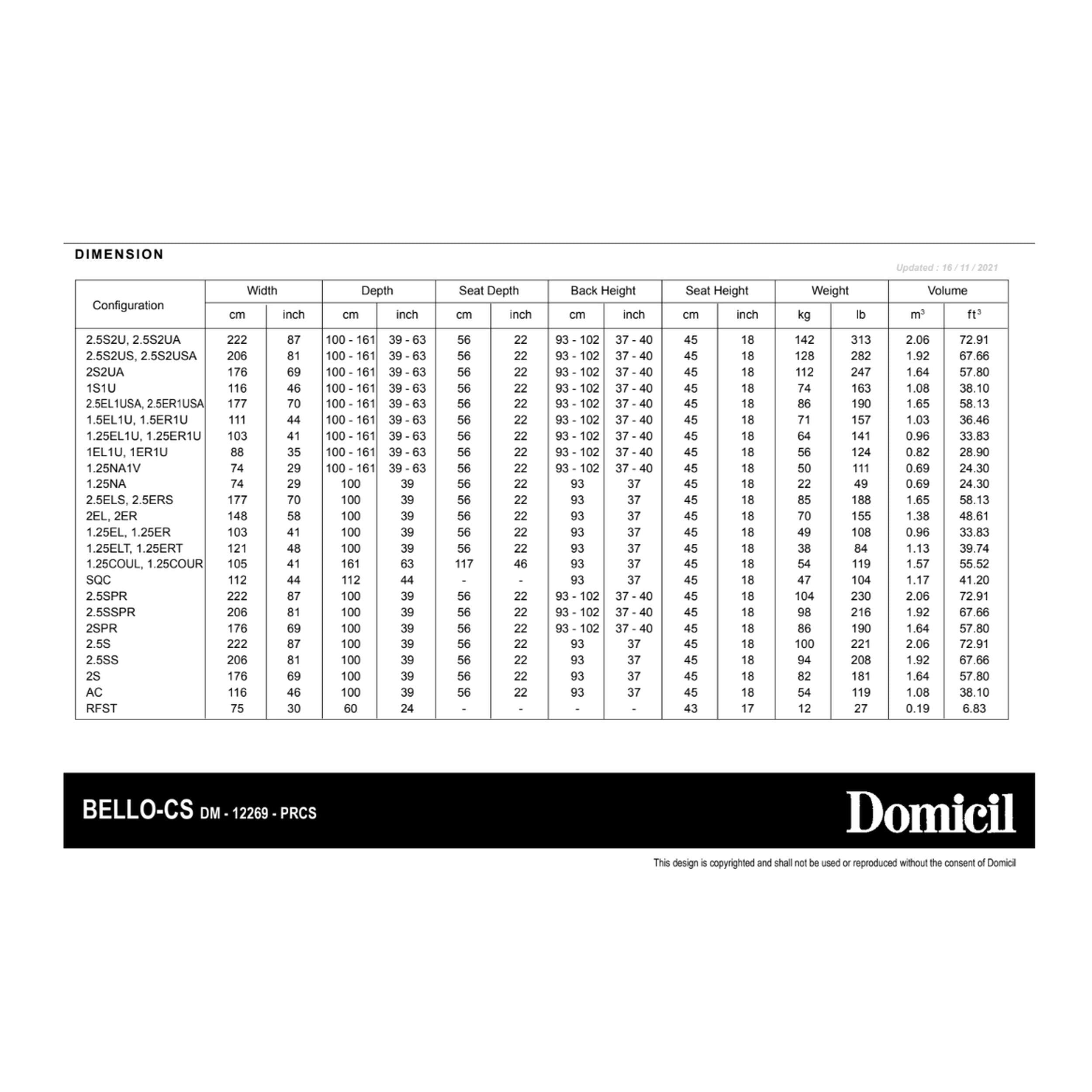 bello dimension sheet