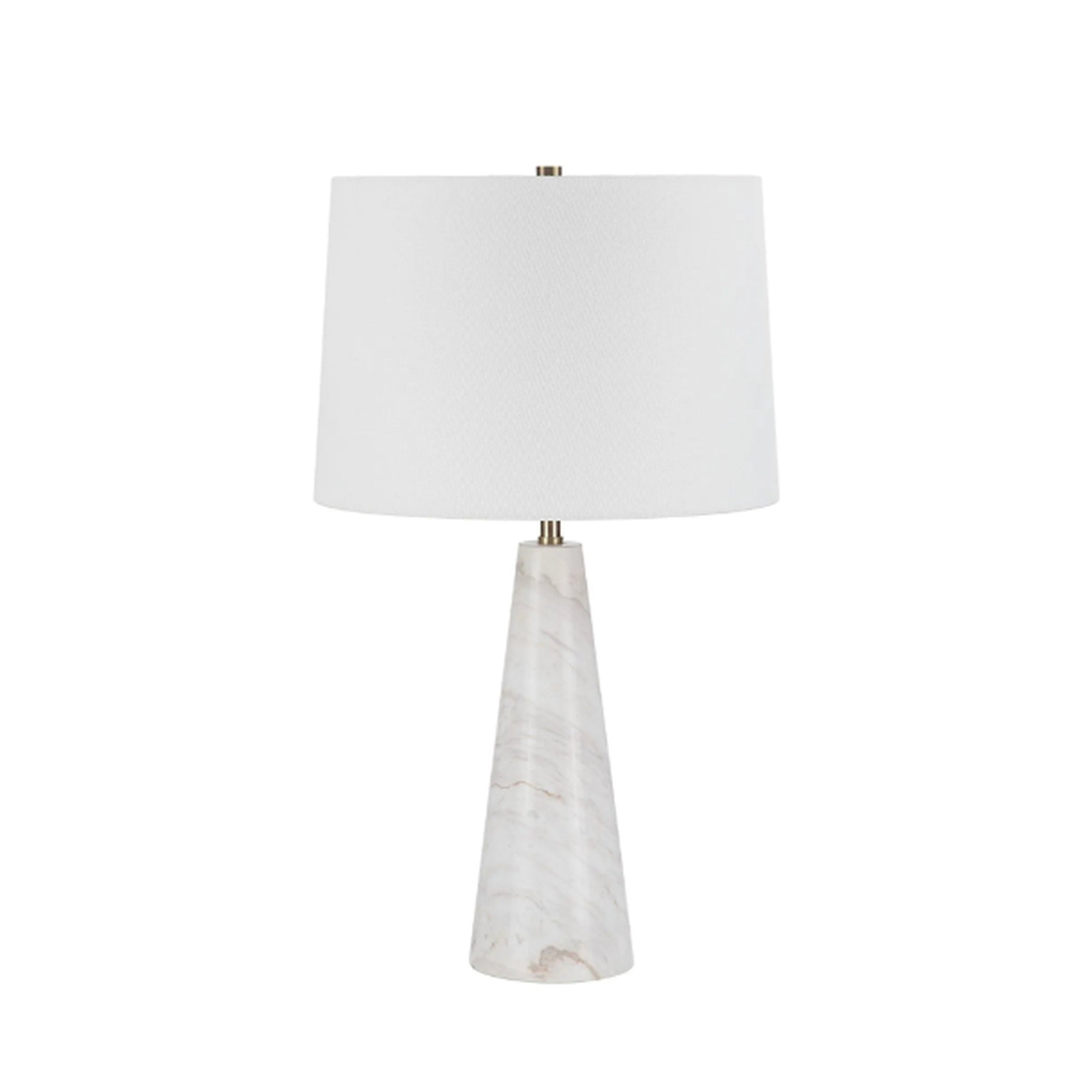 Renwil Vevey Table Lamp with white fabric shade and tapered ivory marble base, brass accents, elegant modern glow, chic.