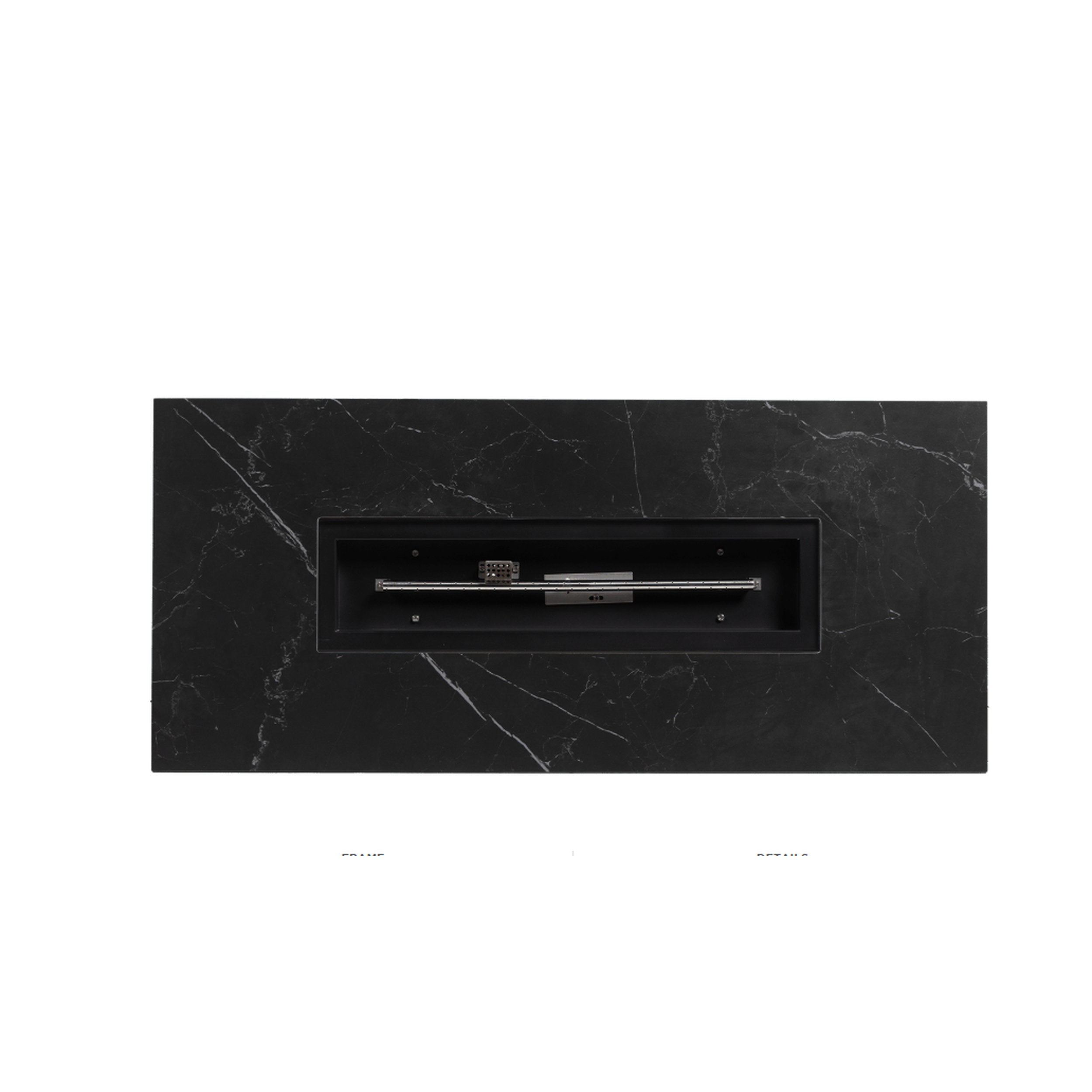Ratana Newbury Fire Table 54 X 24 - Black with black marble surround, steel inset, outdoor-rated contemporary fire table.