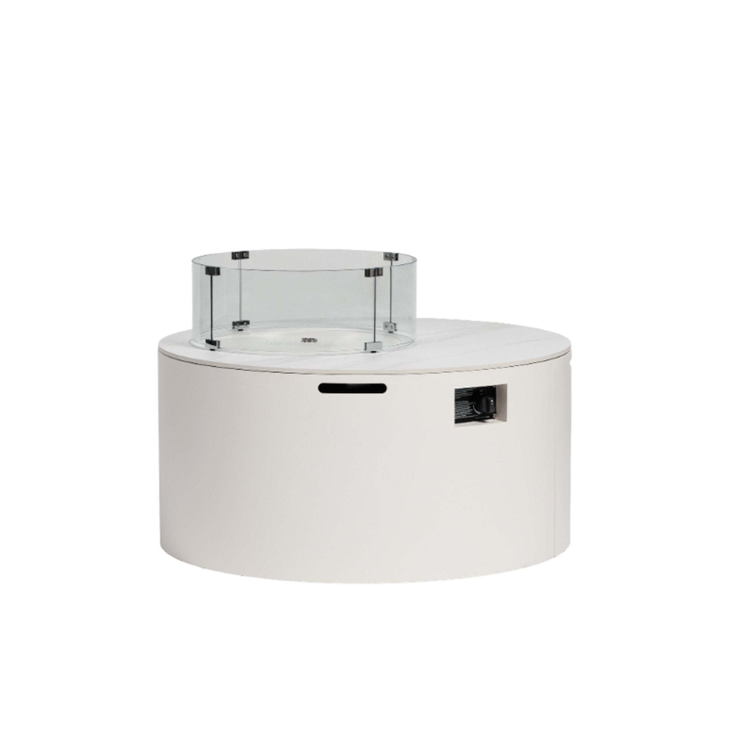 Ratana Newbury Fire Table 42 Round - White features a white base with clear glass guard and stainless accents, modern design.