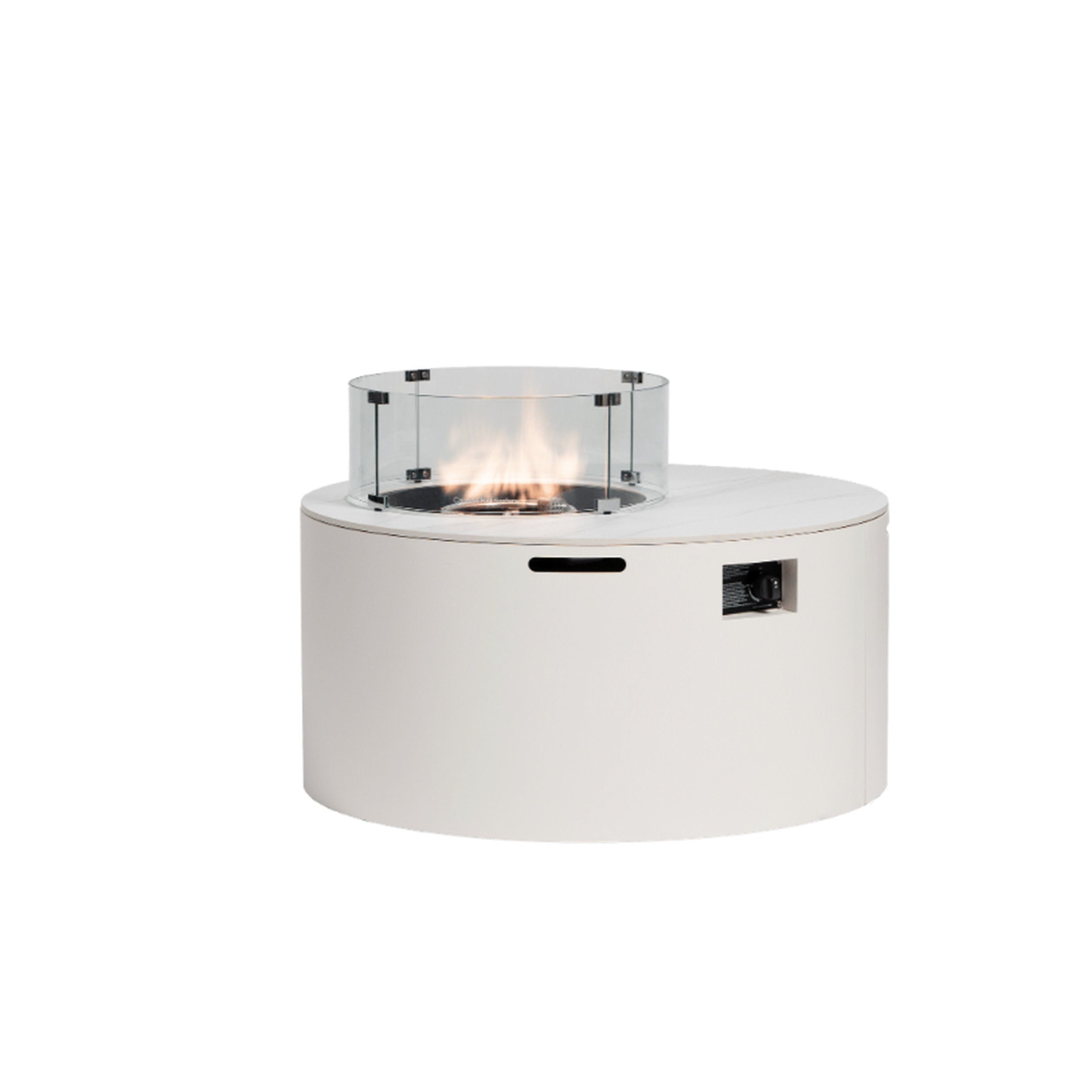 Ratana Newbury Fire Table 42 Round - White, cylindrical white base with glass windscreen, warm flame glow enhances ambiance.