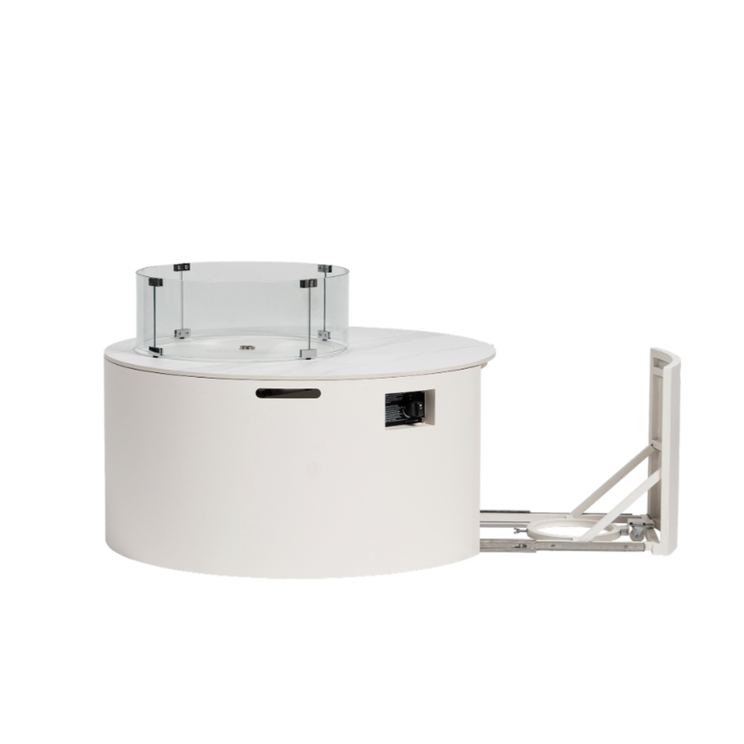 Ratana Newbury Fire Table 42 Round White with glass guard white ceramic body and metal brackets for a modern outdoor vibe.