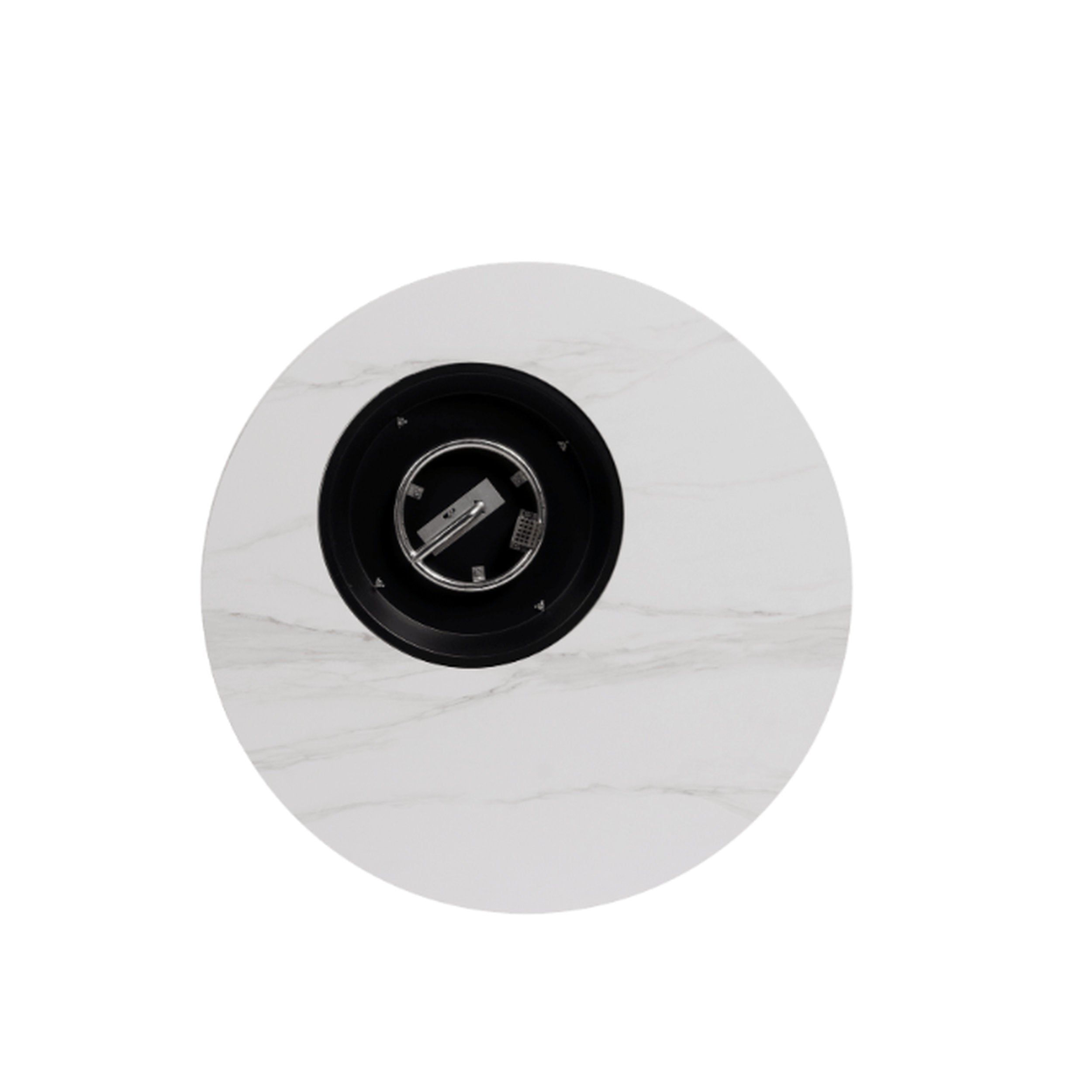 Ratana Newbury Fire Table 42 Round - White, white marble-look top with gray veining, black metal fire pit, modern elegance