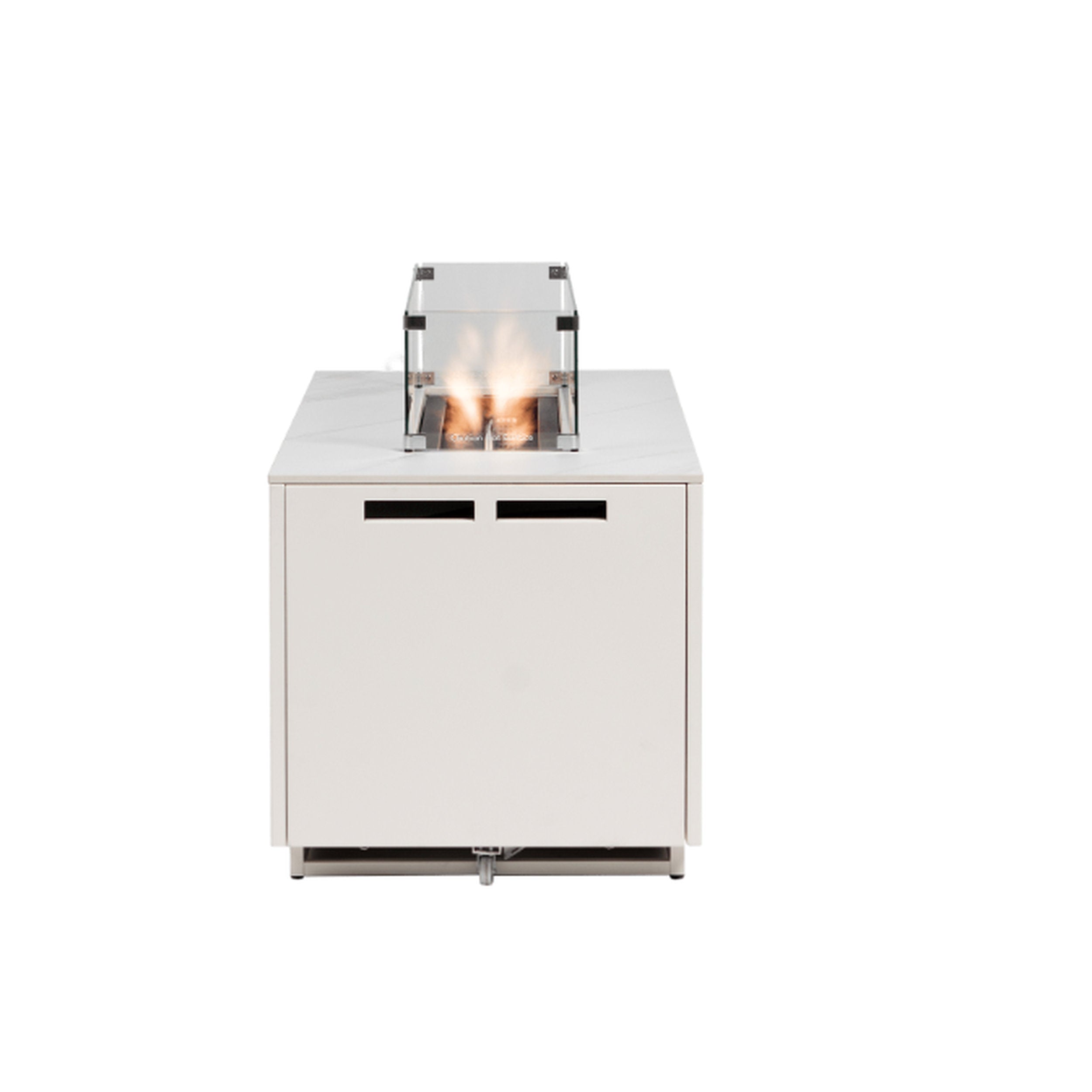 Ratana Newbury Fire Table 54 X 24 - White glass wind guard, stainless steel frame, cozy flame, modern outdoor centerpiece